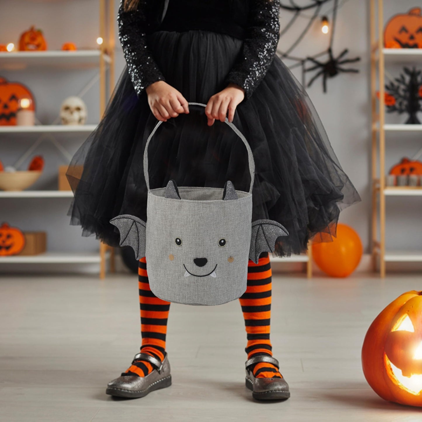 MON AMI Bat Halloween Treat Bag – 8" Plush Trick-or-Treat Basket with Soft Straps, Fun Party Favor & Holiday Décor Essential