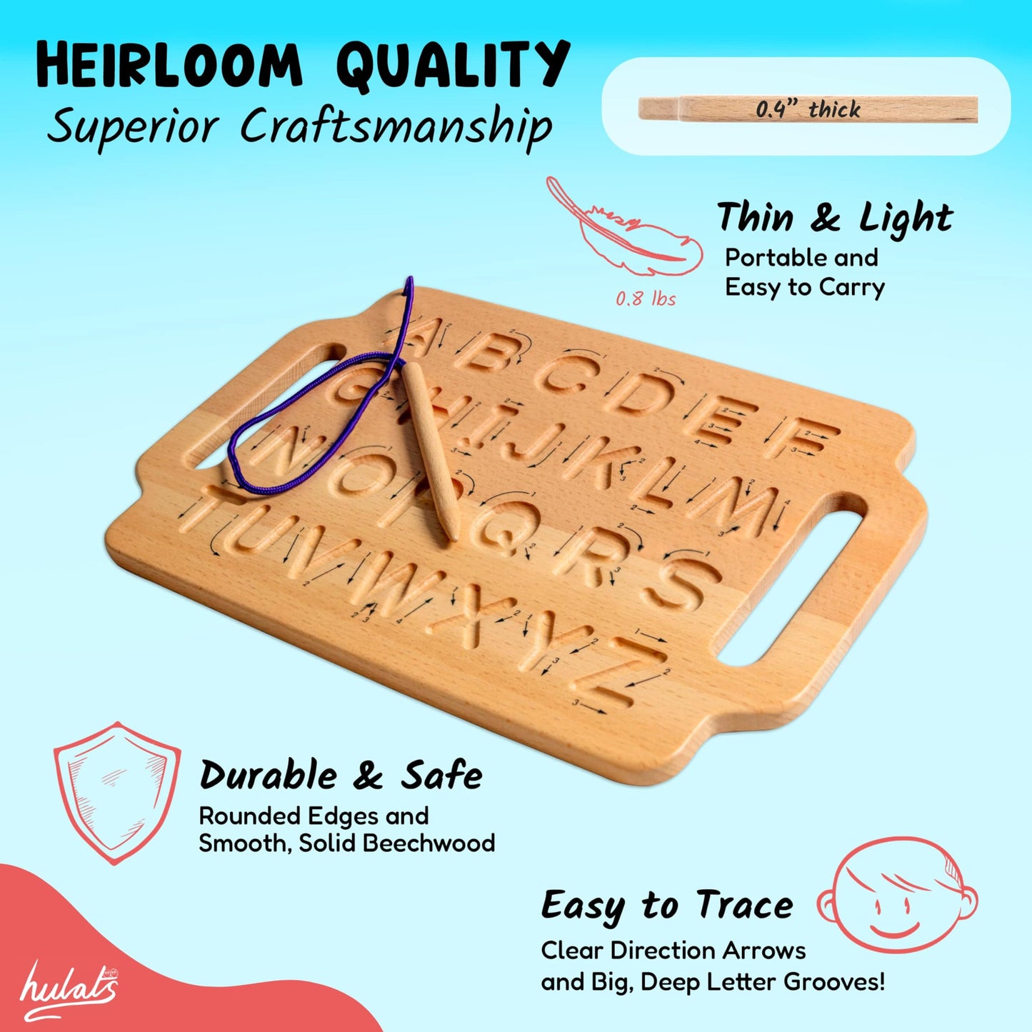 Hulats Learn to Write Wooden Alphabet Tracing Board - Toddler Writing Practice, Montessori Letter Tracing Toy for Kids 3-5