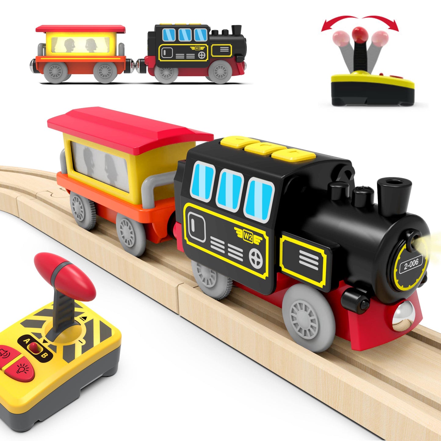 Motorized Remote Control Train for Wooden Tracks – Battery Operated Locomotive with Magnetic Connection, Compatible with Thomas, Brio, Chuggington