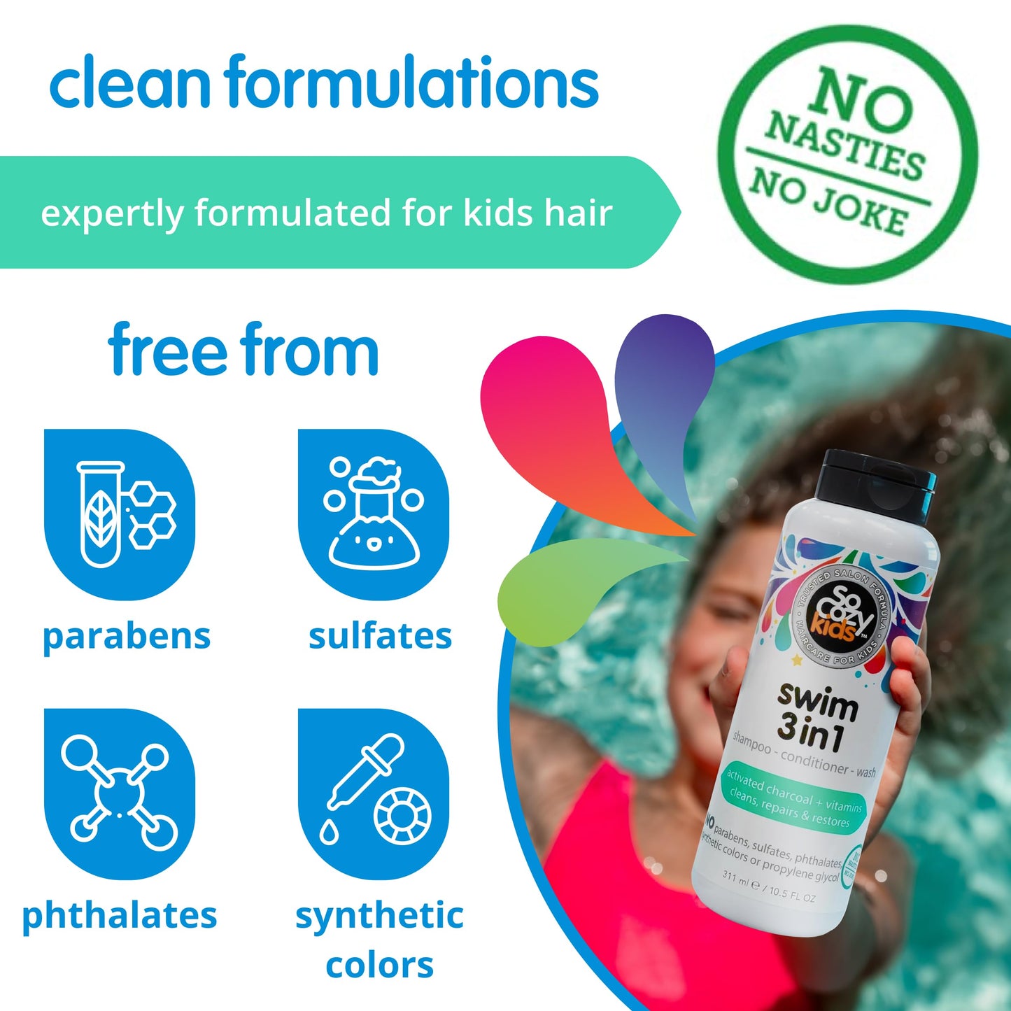 SoCozy Kids Swim 3-in-1 Shampoo, Conditioner & Body Wash – Chlorine & Salt Removing Hair & Body Cleanser with Activated Charcoal, 10.5 fl oz