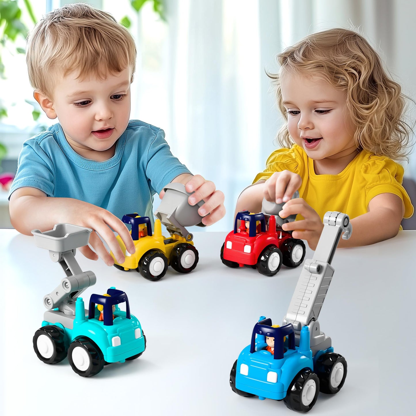 iPlay iLearn Toddler Construction Truck Set – Friction Cars, Crane, Dump & Cement Trucks, Push & Go Vehicles for 1-4 Yr Old Boys & Girls