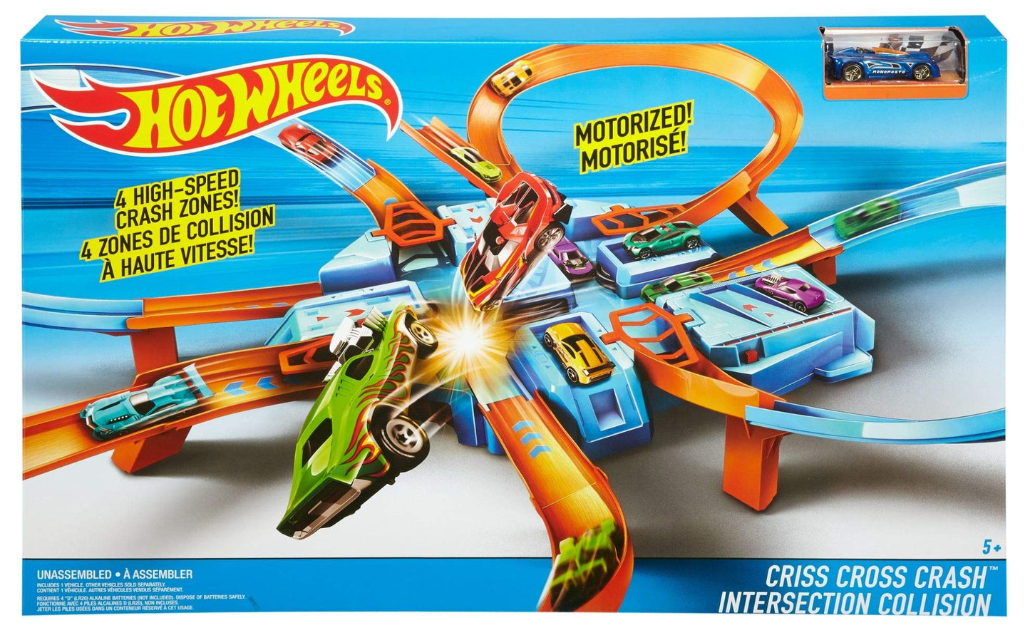 Hot Wheels Track Set with 1:64 Scale Toy Car, 4 Intersections for Crashing, Powered by a Motorized Booster, Criss-Cross Crash Track (Amazon Exclusive)