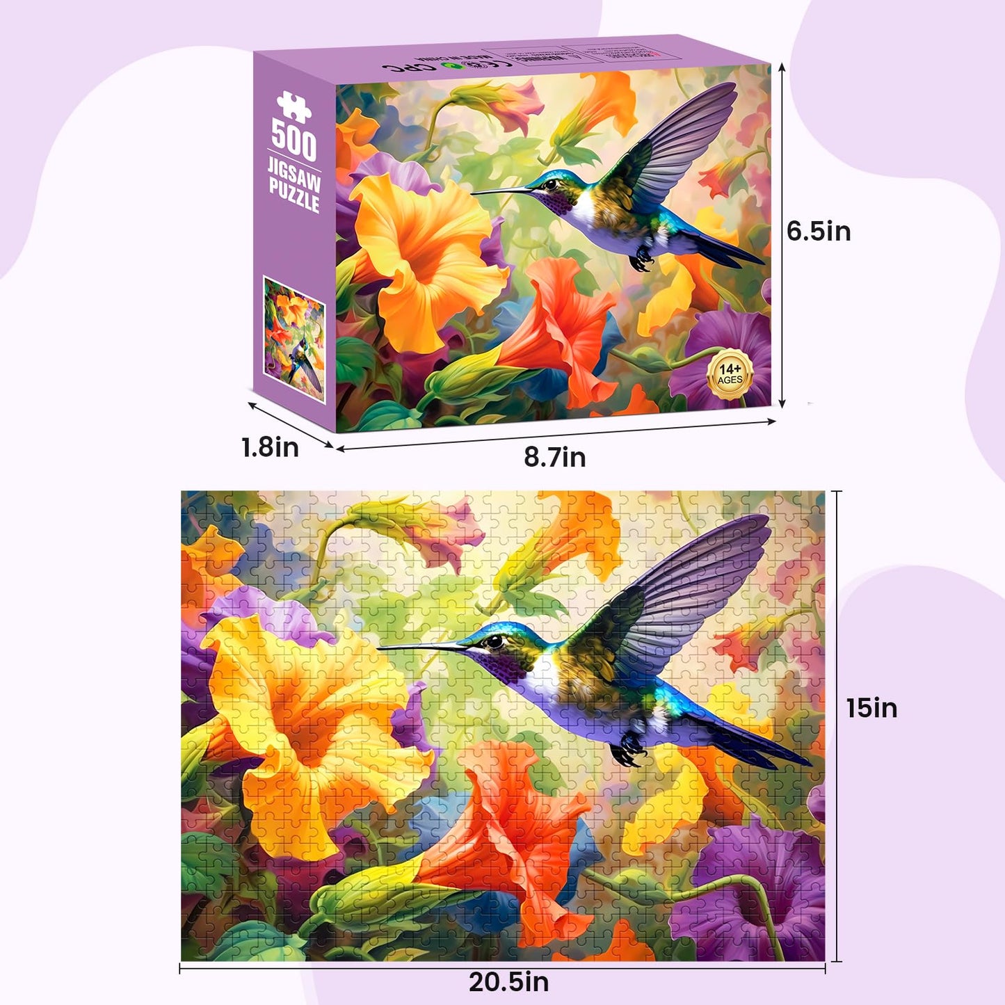 VOLUVOLU 500-Piece Flower & Hummingbird Jigsaw Puzzle – Fun Puzzle for Adults & Kids, Birthday, Family Game, Brain-Teasing Entertainment