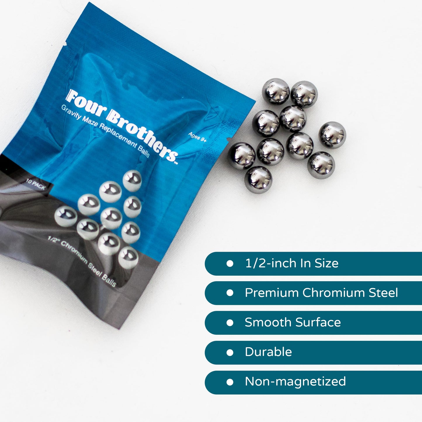 Four Brothers 1/2" Replacement Chromium Steel Balls for GraviTrax and Gravity Maze STEM Marble Run and Games (10 Pack)