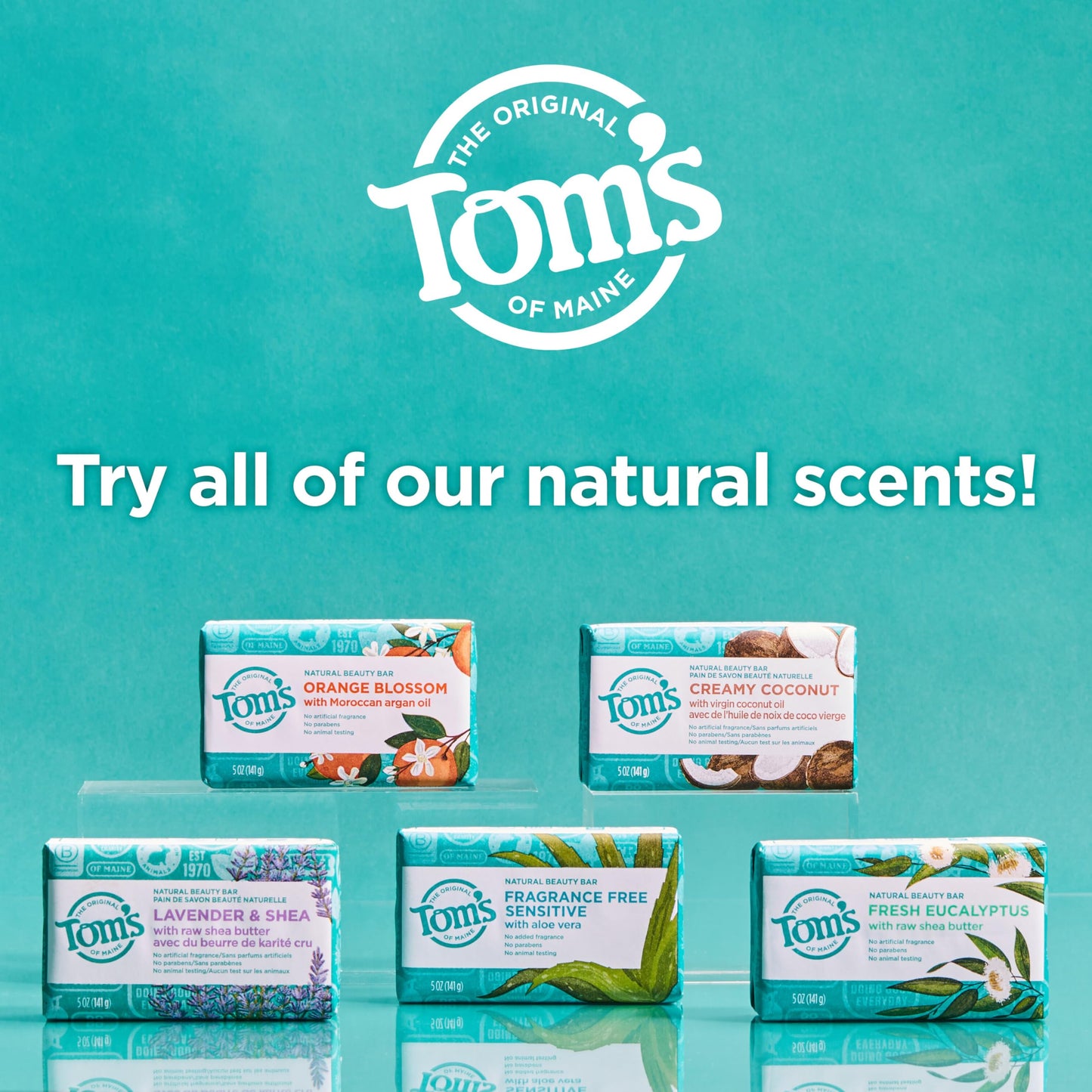 Tom’s of Maine Bar Soap Variety Pack – Natural 5 oz Bars for Women & Men, Lavender & Shea, Eucalyptus, Coconut, Orange Blossom (4-Pack)