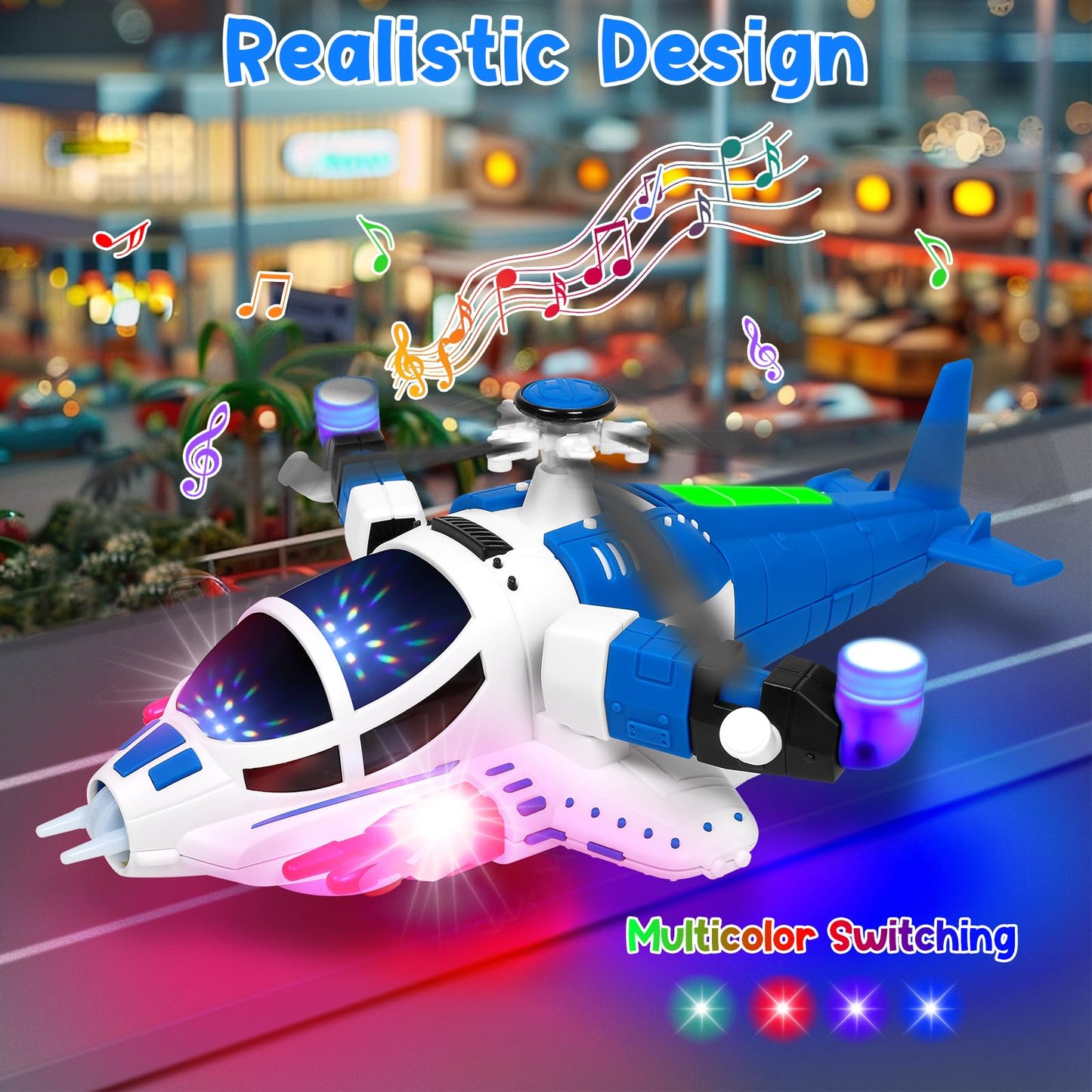 Toddler Helicopter Toy with Lights & Sounds, 360° Spin, Automatic Bump Action, Sensory Airplane for Boys & Girls Ages 1-5 (Blue)