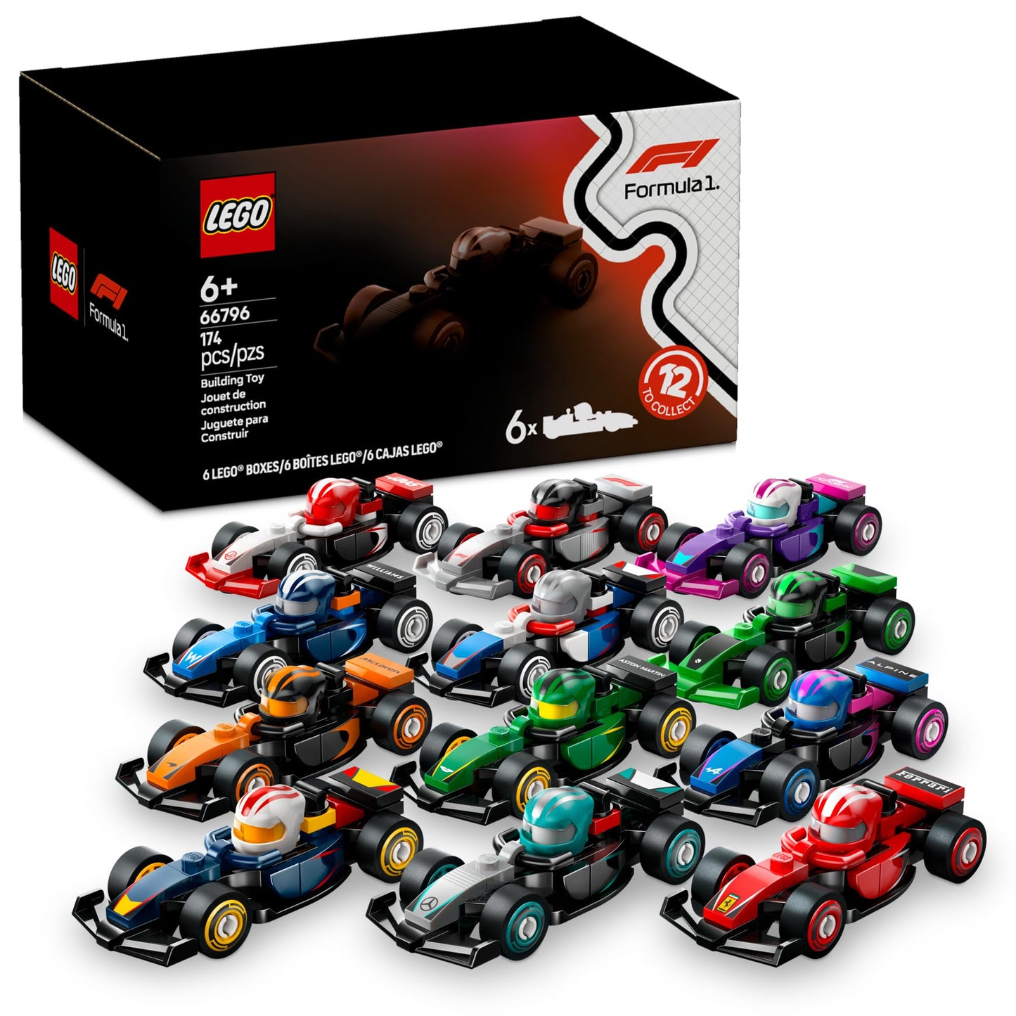 LEGO F1 Race Car Mystery Box, 6-Pack Building Set for Kids 6+, Surprise Collectible Cars, Travel Toy, Birthday Gift, 66796