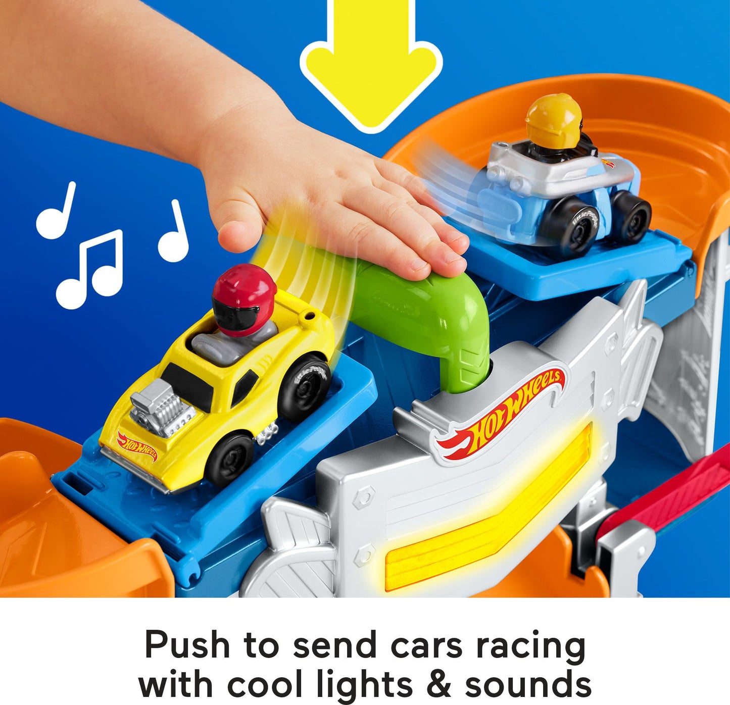 Fisher-Price Little People Hot Wheels Toddler Toy Race and Go Track Set with Lights Sounds & 2 Cars for Pretend Play Kids Ages 18+ Months