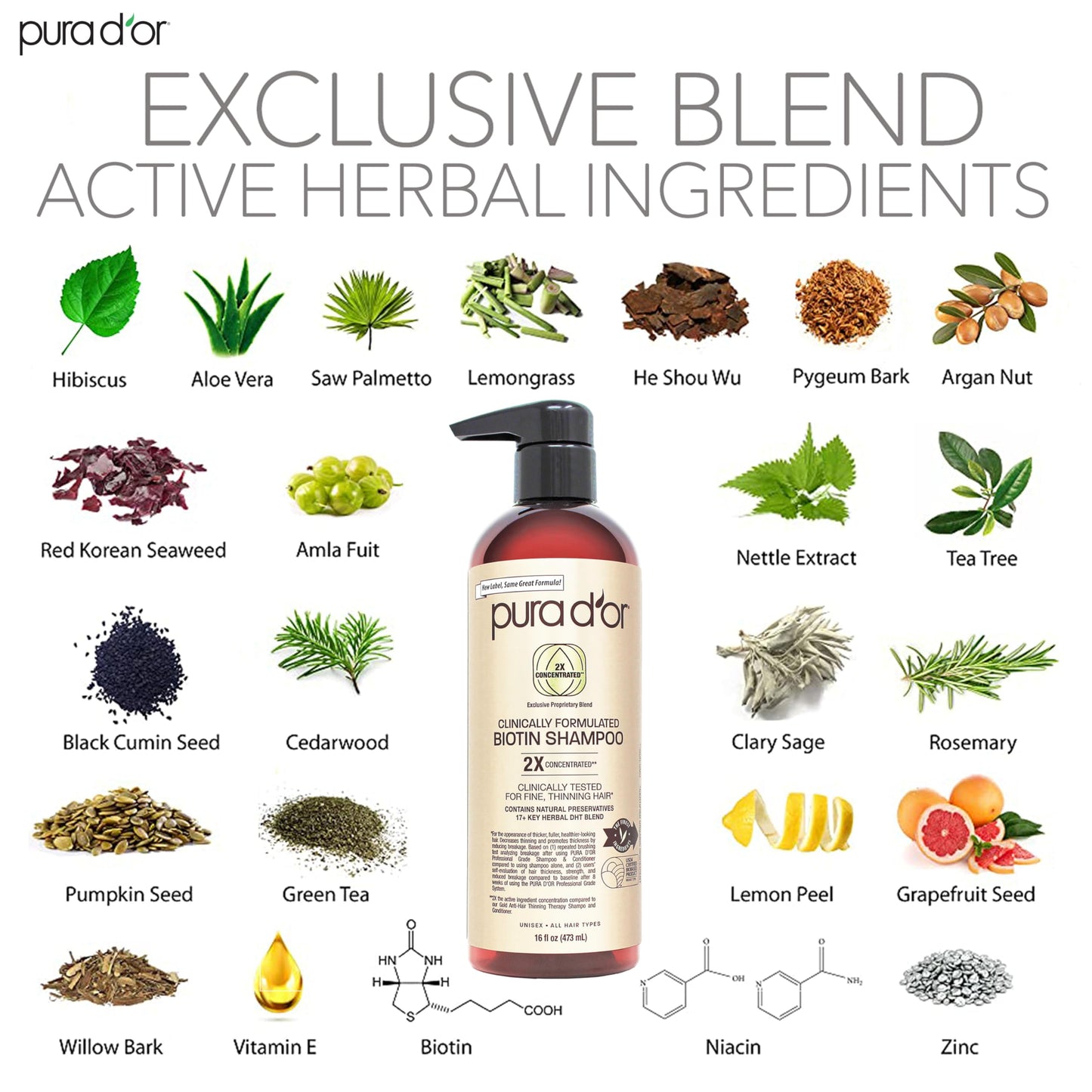 PURA D'OR Professional Biotin Shampoo 16oz | 2X Concentrated DHT Blocker | Clinically Proven Anti-Thinning & Hair Thickening Formula for Men & Women