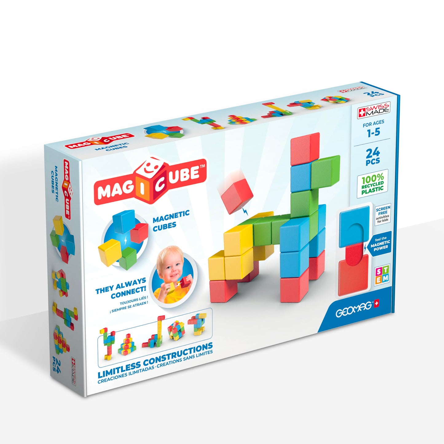 Geomag Magicube 24pcs Magnetic Blocks for Toddlers 1-3, Montessori & Sensory Toys, Autism-Friendly Magnets for Kids 1+ Year