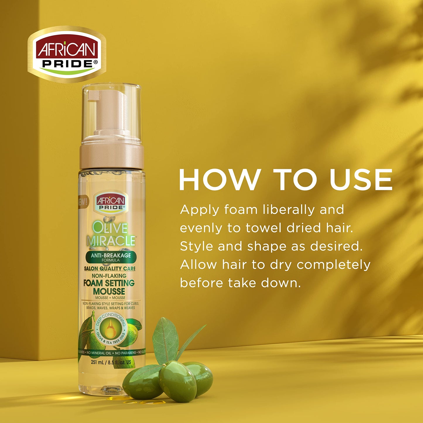 African Pride Olive Miracle Foam Setting Mousse – Non-Flaking, Frizz & Shine Control for Curls, Braids, Weaves, Wigs, Waves & Wraps, 8.5 oz