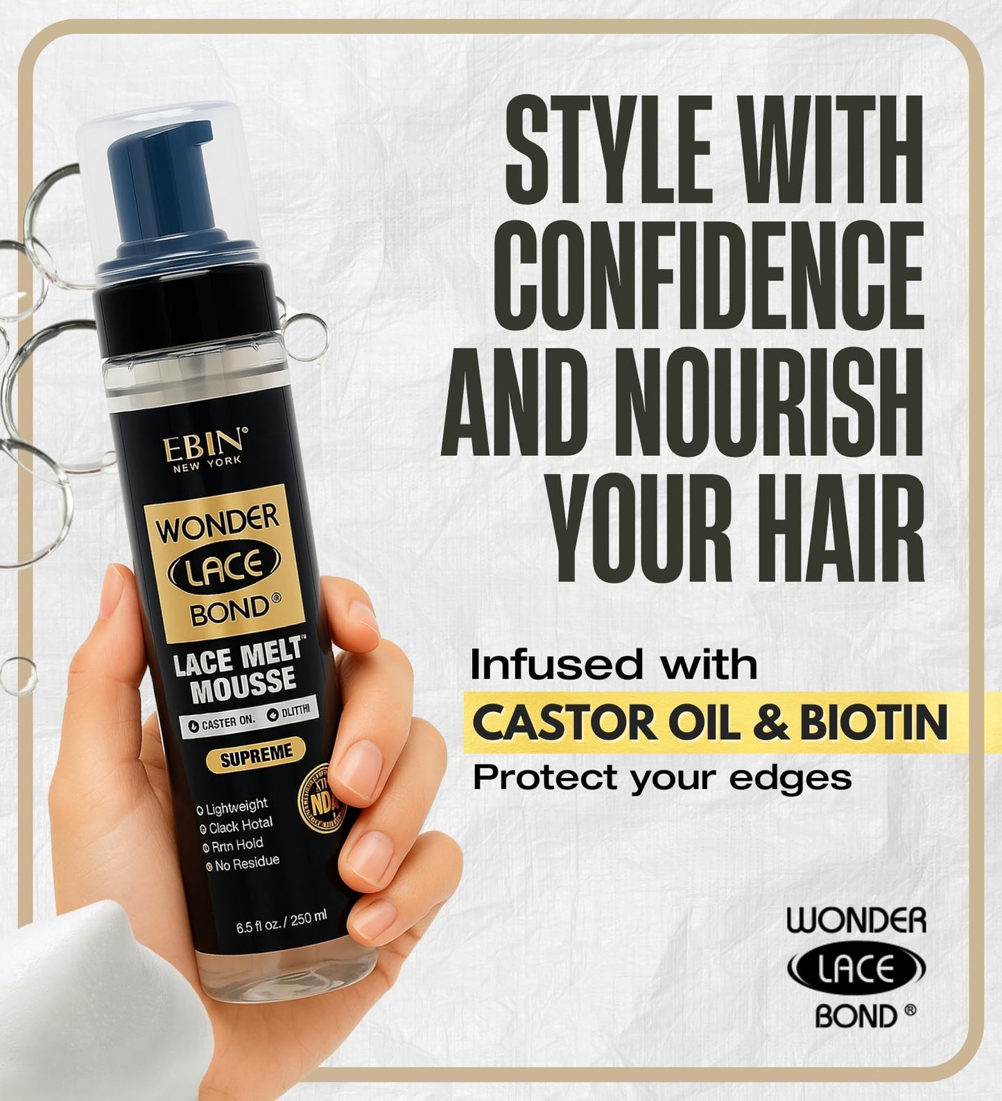 EBIN NEW YORK Wonder Lace Bond Melt Mousse 8.5oz – Supreme Hold, Biotin & Castor Oil, Long-Lasting, No Residue, Natural Look