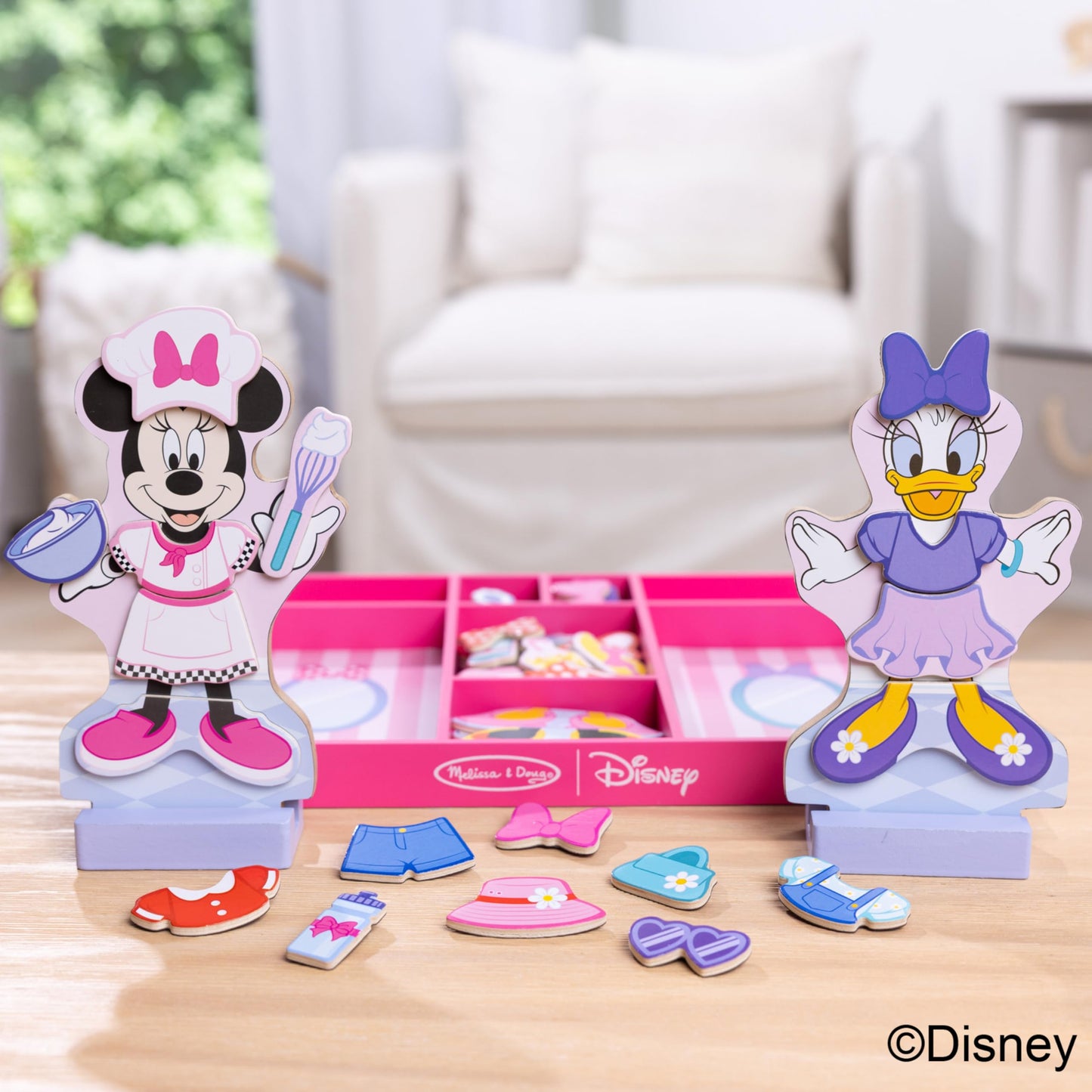 Melissa & Doug Disney Minnie Mouse & Daisy Duck Deluxe Wooden Magnetic Dress-Up Set, 2 Dolls with Stands, 52 Pieces, FSC Certified