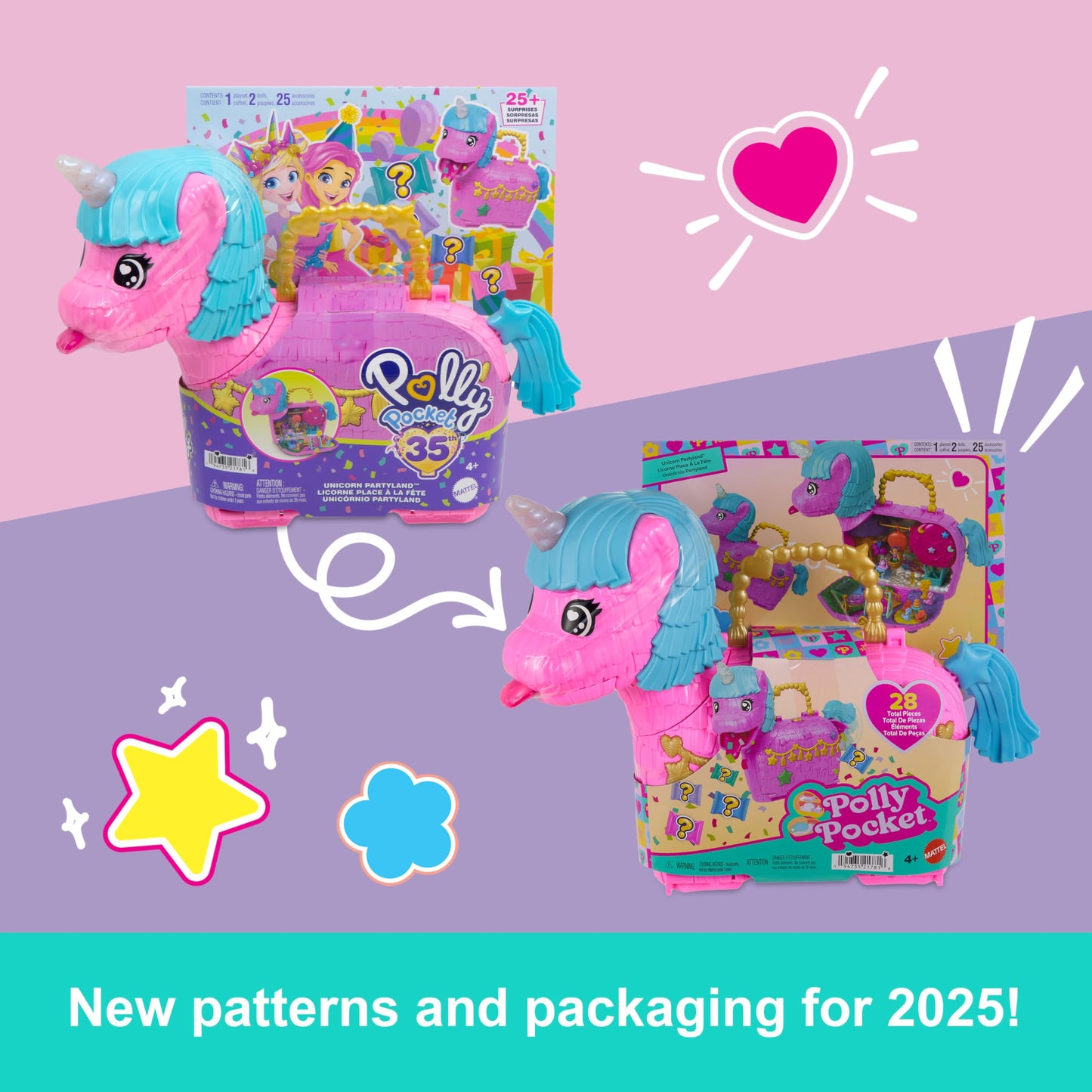 Polly Pocket Dolls & Playset with Pets & 25+ Surprise Accessories, Birthday Celebration Unicorn Partyland Playset, Hot Air Balloon Ride