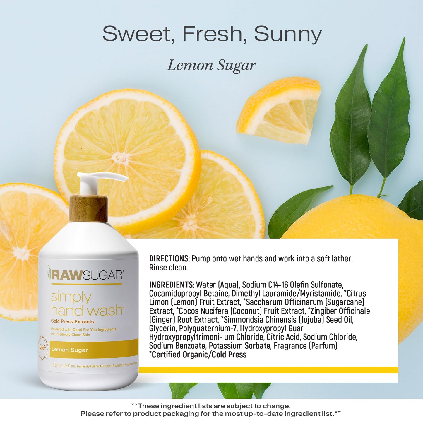 RAW SUGAR Lemon Sugar Liquid Hand Soap, 16.9 Fl Oz Pack of 3 – Gentle, Sulfate & Paraben-Free Hand Wash for Kitchen & Bathroom