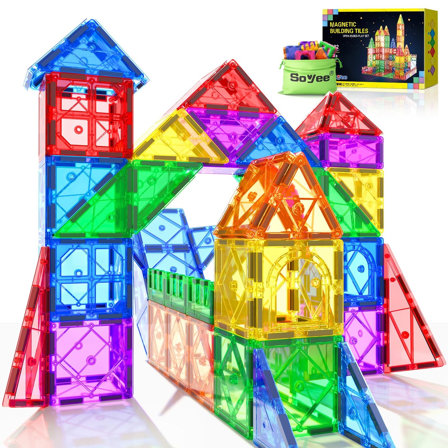 52PCS Magnetic Tiles Toys for 3 Year Old Boys and Girls Magnetic Building Blocks STEM Learning Toys Sensory Montessori Toys for Toddlers Kids