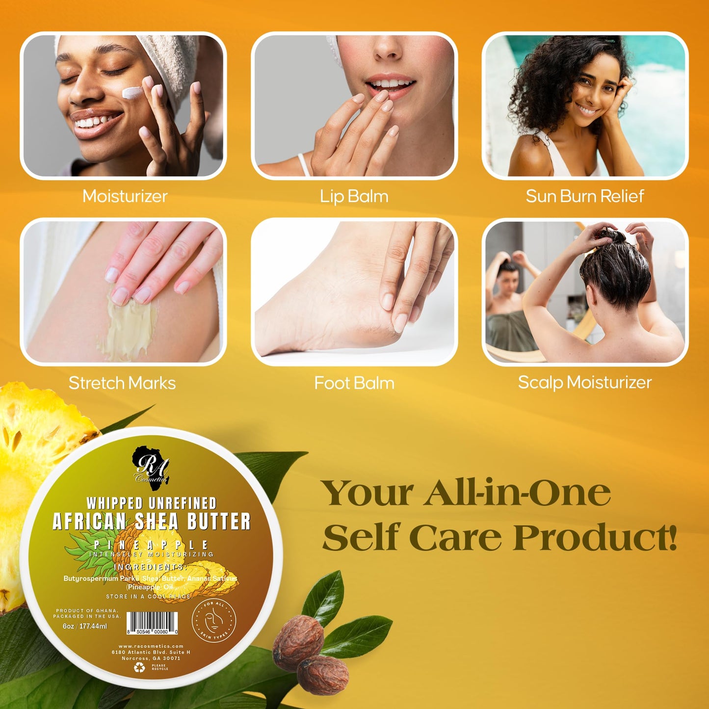 RA COSMETICS Whipped Shea Butter Pineapple 6oz – 100% Pure Natural African Shea Butter, Handcrafted Moisturizer with Vitamins for Skin