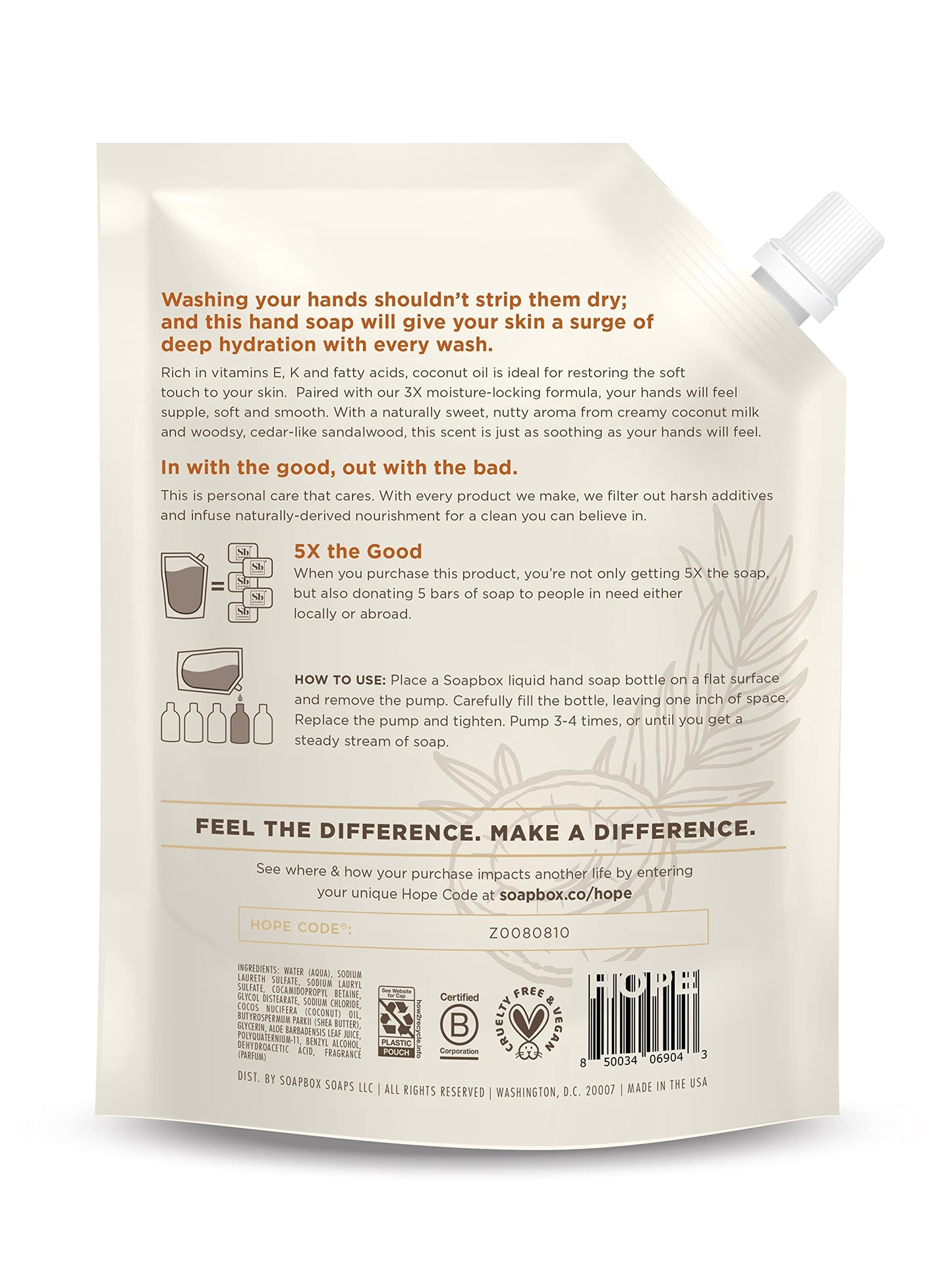 Soapbox Liquid Hand Soap Refill 64oz, Coconut Milk & Sandalwood, Vegan, Paraben-Free, Moisturizing Natural Hand Wash for Home