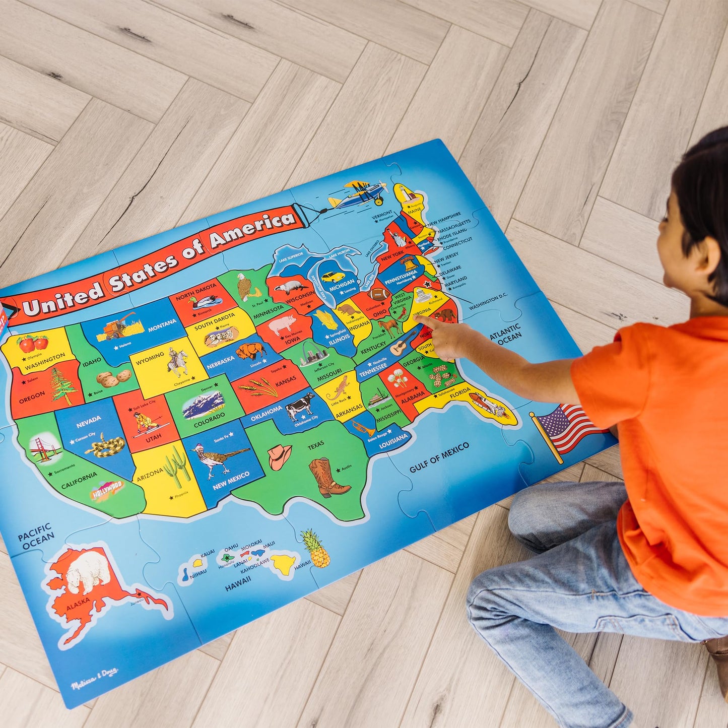 Melissa & Doug USA Map Floor Puzzle, 51 Jumbo Pieces, 2 x 3 Feet, Educational Geography Giant Puzzle for Kids Ages 6+ - FSC Certified