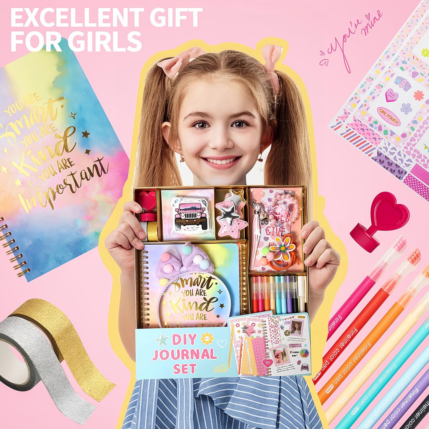 R RUCKERCO Girls DIY Diary 54-Piece Set – Stickers & Stationery for Ages 6-13, Fun DIY Journal & Daily Supplies, Gift Idea for Teens