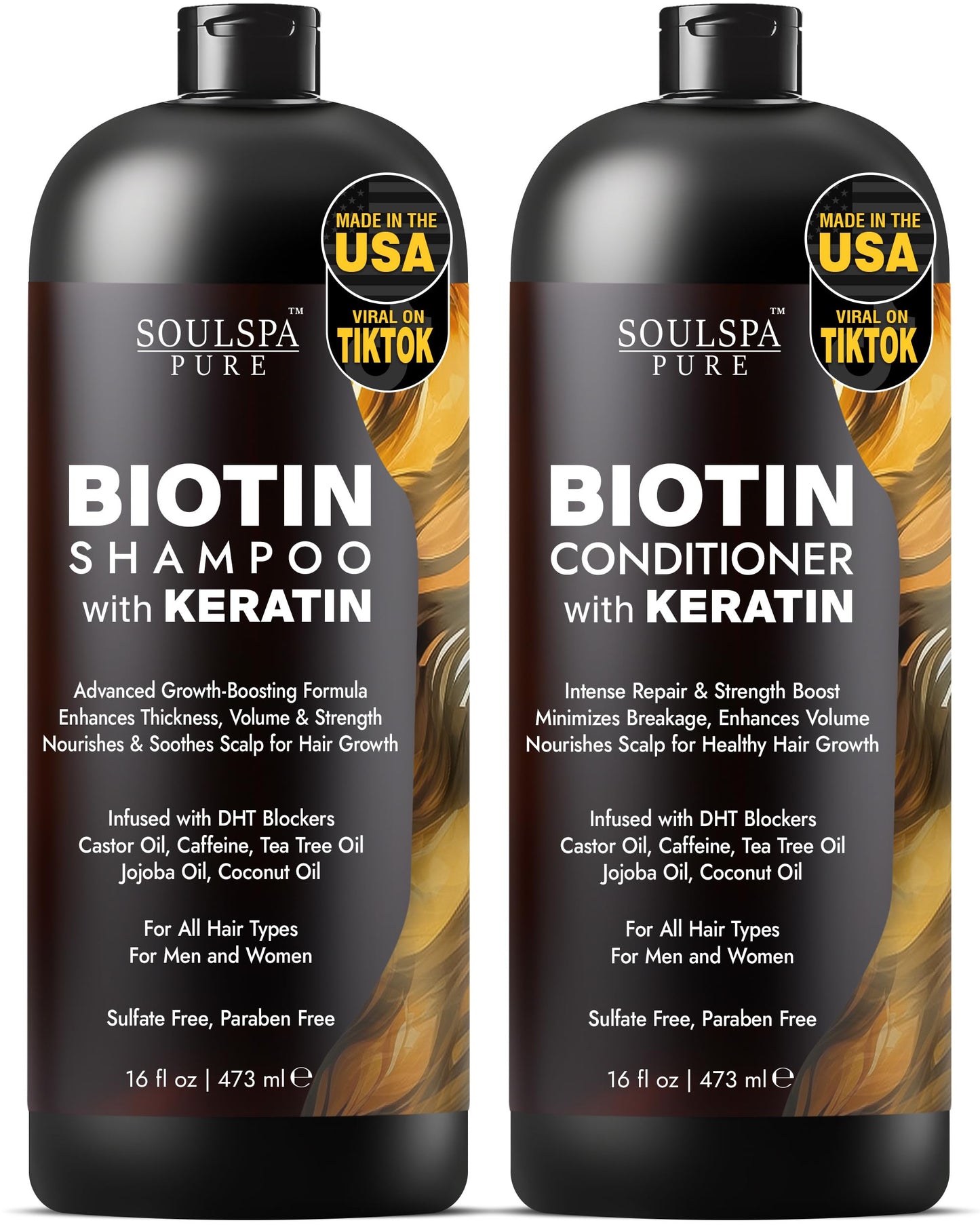 Biotin & Keratin Shampoo and Conditioner Set | Sulfate-Free Anti-Thinning Hair Growth Formula with DHT Blockers | Repair for Men & Women, 16 fl oz Each