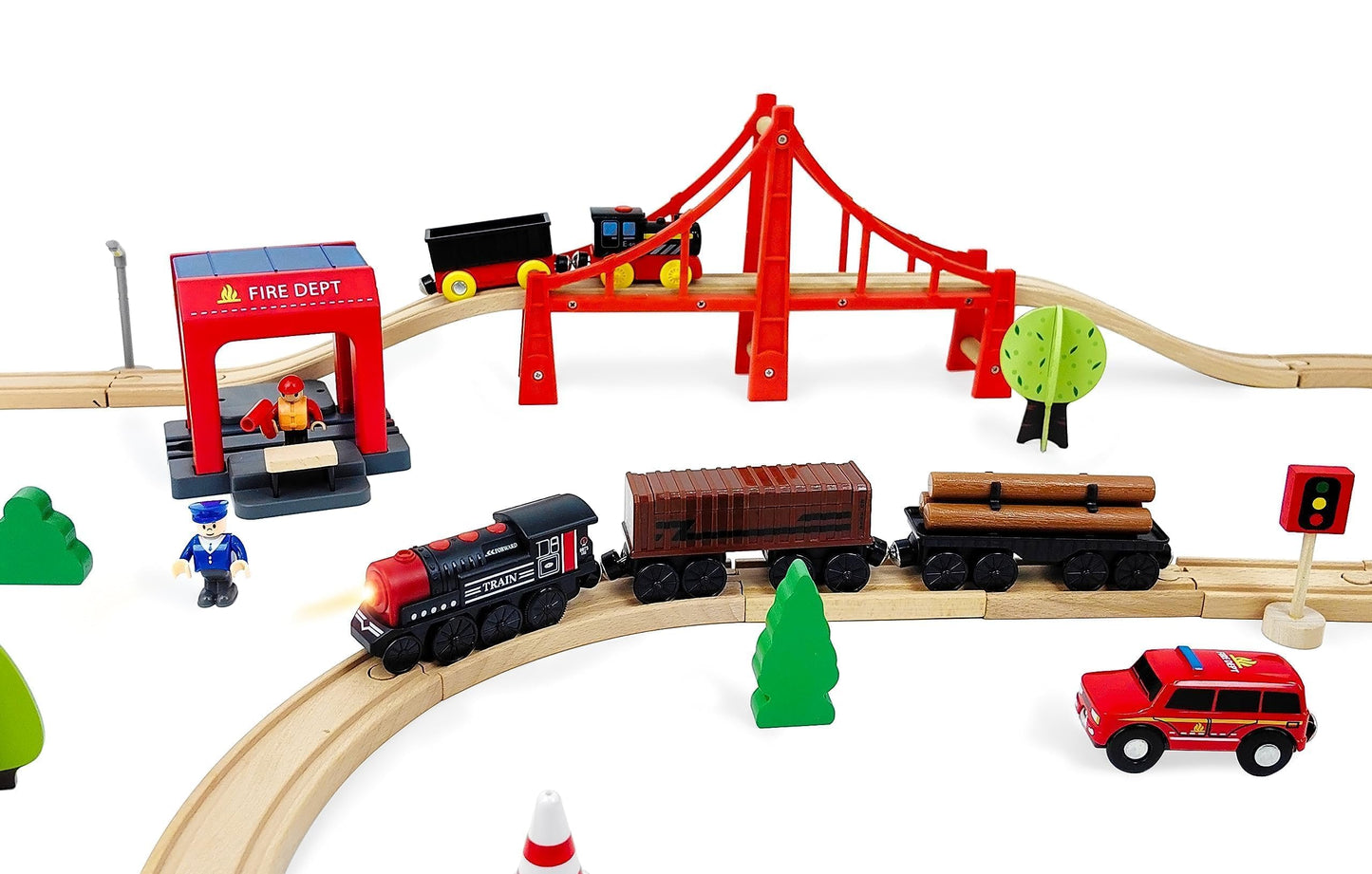Motorized Wooden Train Set, 3 Battery-Powered Trains for Toddlers 3+, Compatible with Thomas, Brio & Chuggington Tracks