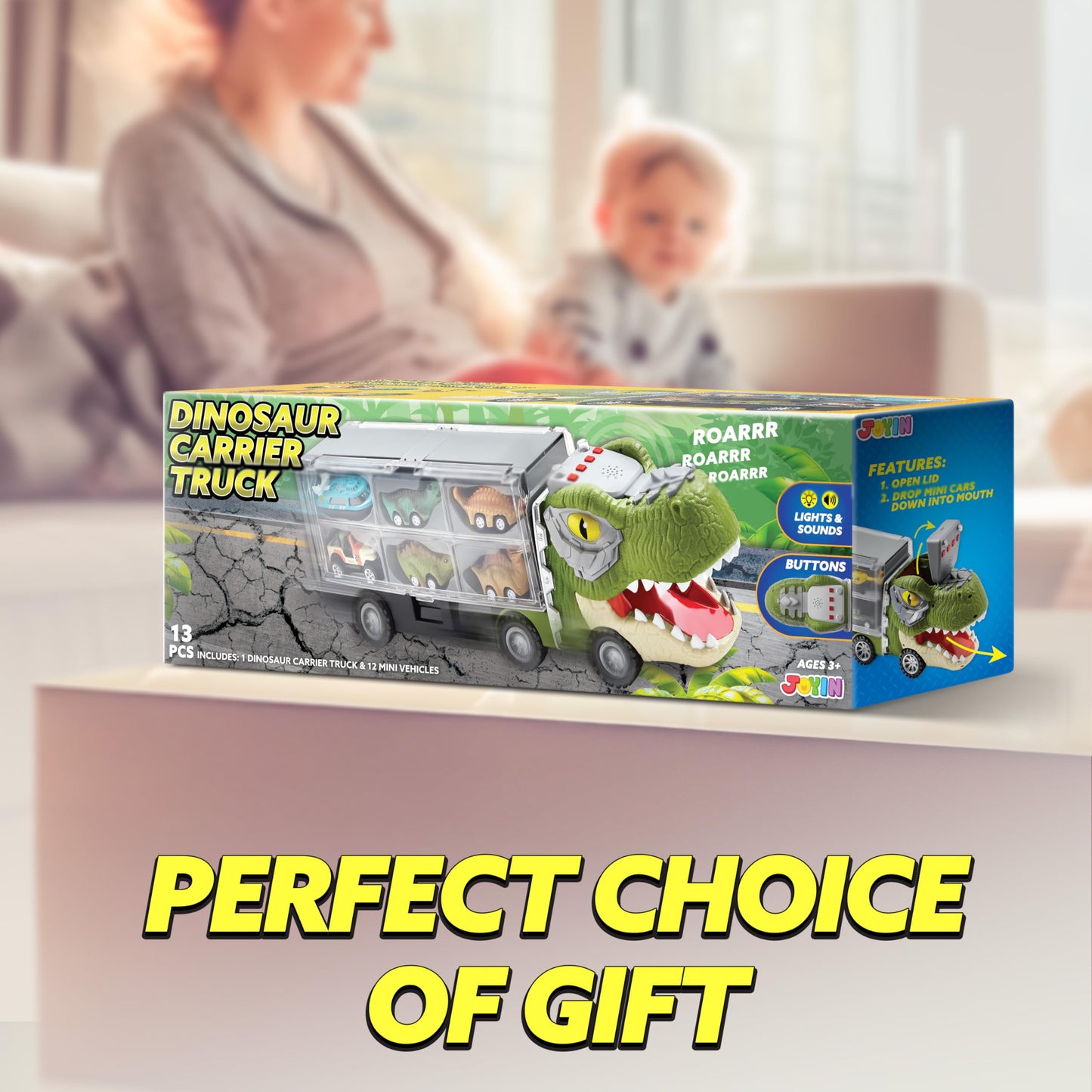 JOYIN 13-in-1 Dinosaur Toy Set for Kids 3-5 – Truck with 12 Pull-Back Cars, Transport Carrier, Birthday & Christmas Gift for Boys