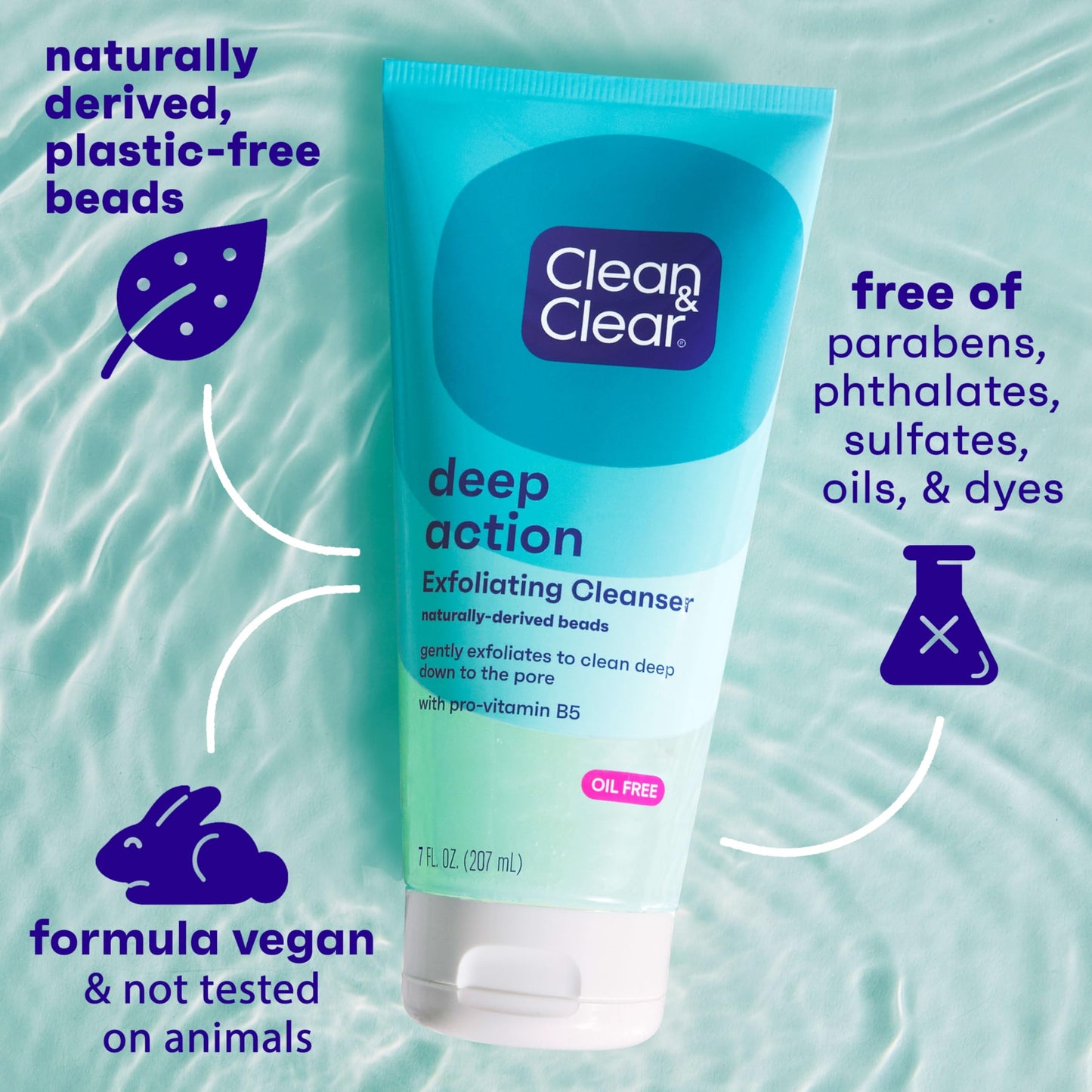 Clean & Clear Deep Action Exfoliating Face Wash & Scrub with Pro-Vitamin B5, Lactic & Glycolic Acids, Oil-Free Daily Cleanser, 7oz