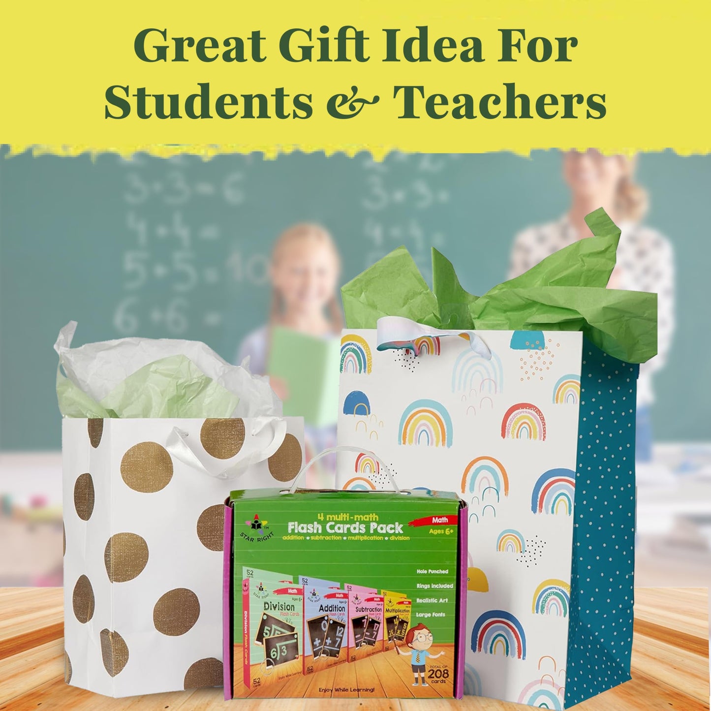 Star Right Math Flash Cards Set of 4 – Addition, Subtraction, Multiplication & Division, 208 Cards with 4 Rings for Kids 6+ (1st-4th Grade)