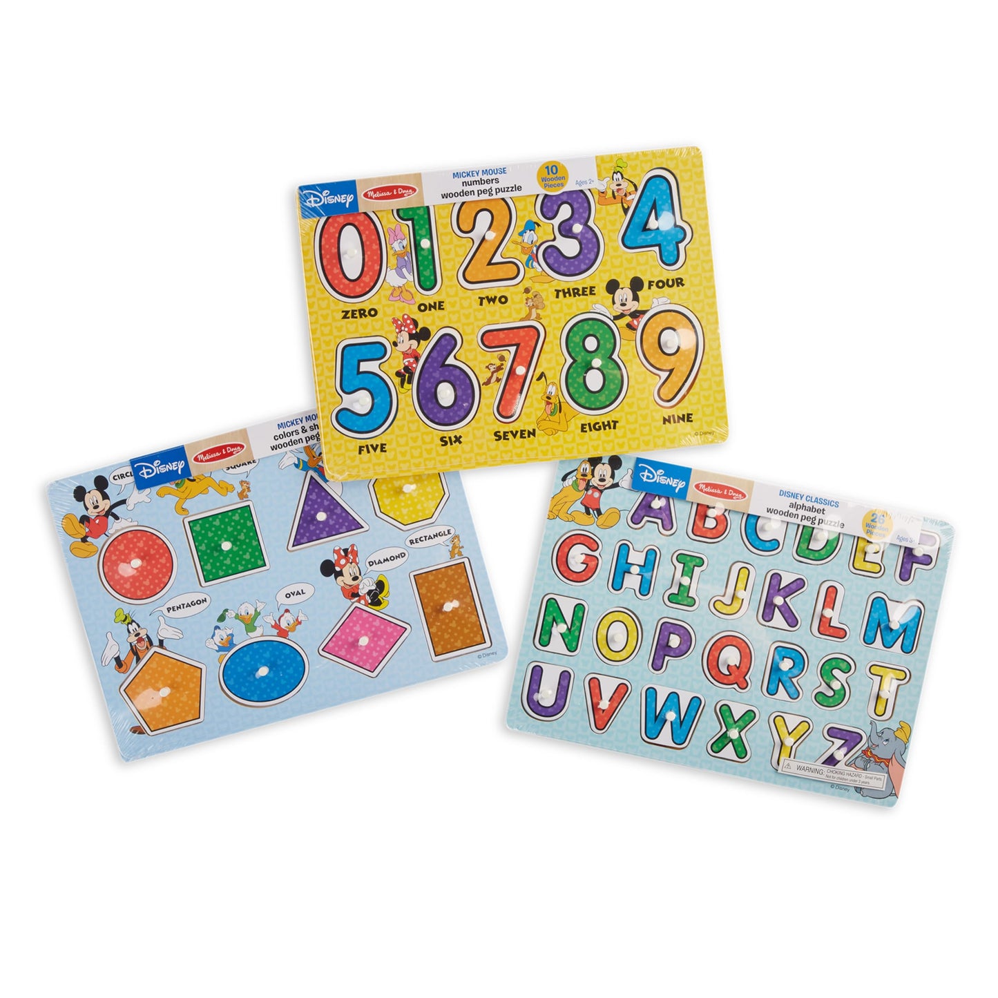 Melissa & Doug Disney Wooden Peg Puzzles Set: Letters, Numbers, and Shapes and Colors