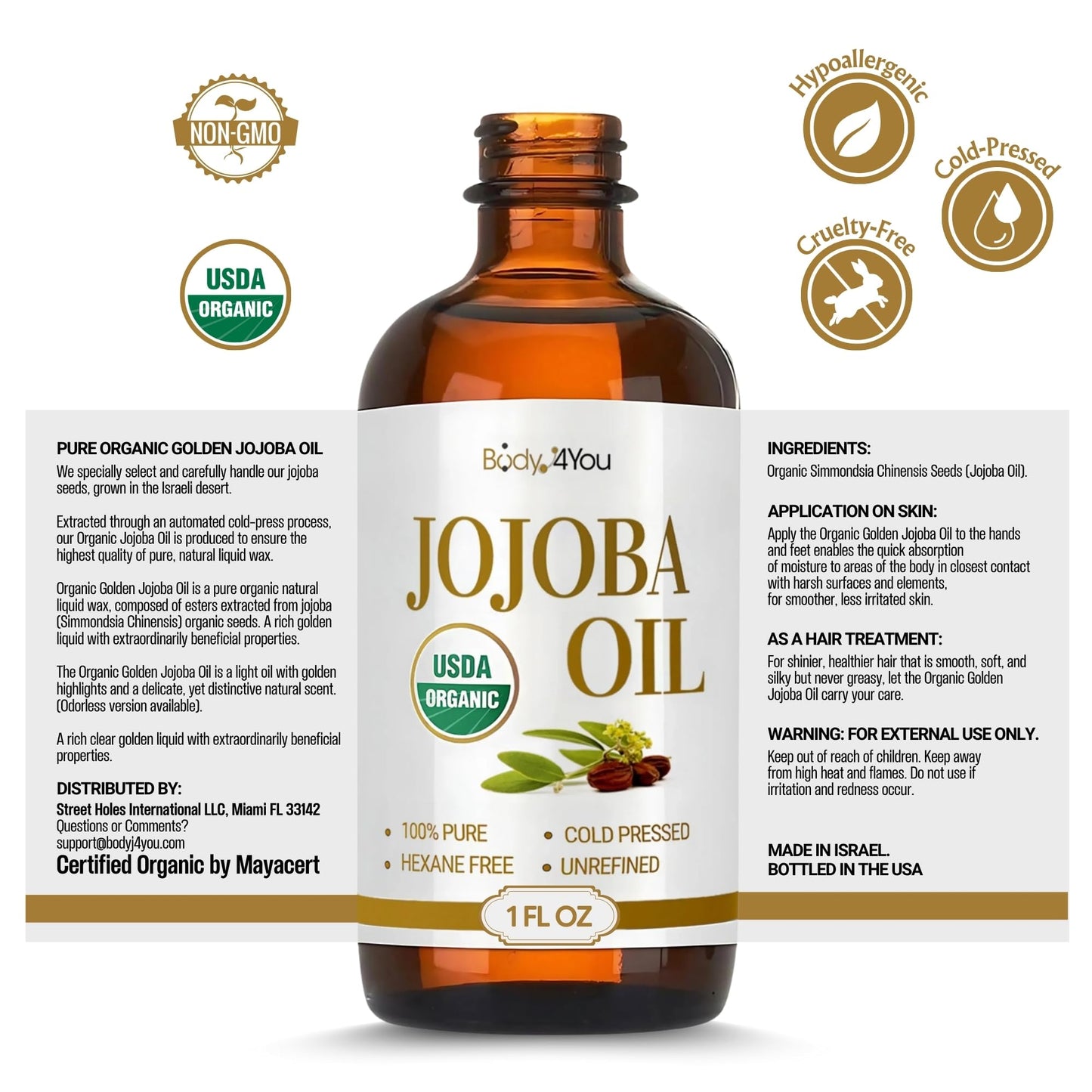 BodyJ4You Organic Jojoba Oil – 100% Pure, USDA Organic, Cold-Pressed, Hexane-Free, for Face, Skin, Hair, Massage & Gua Sha – 1 fl oz