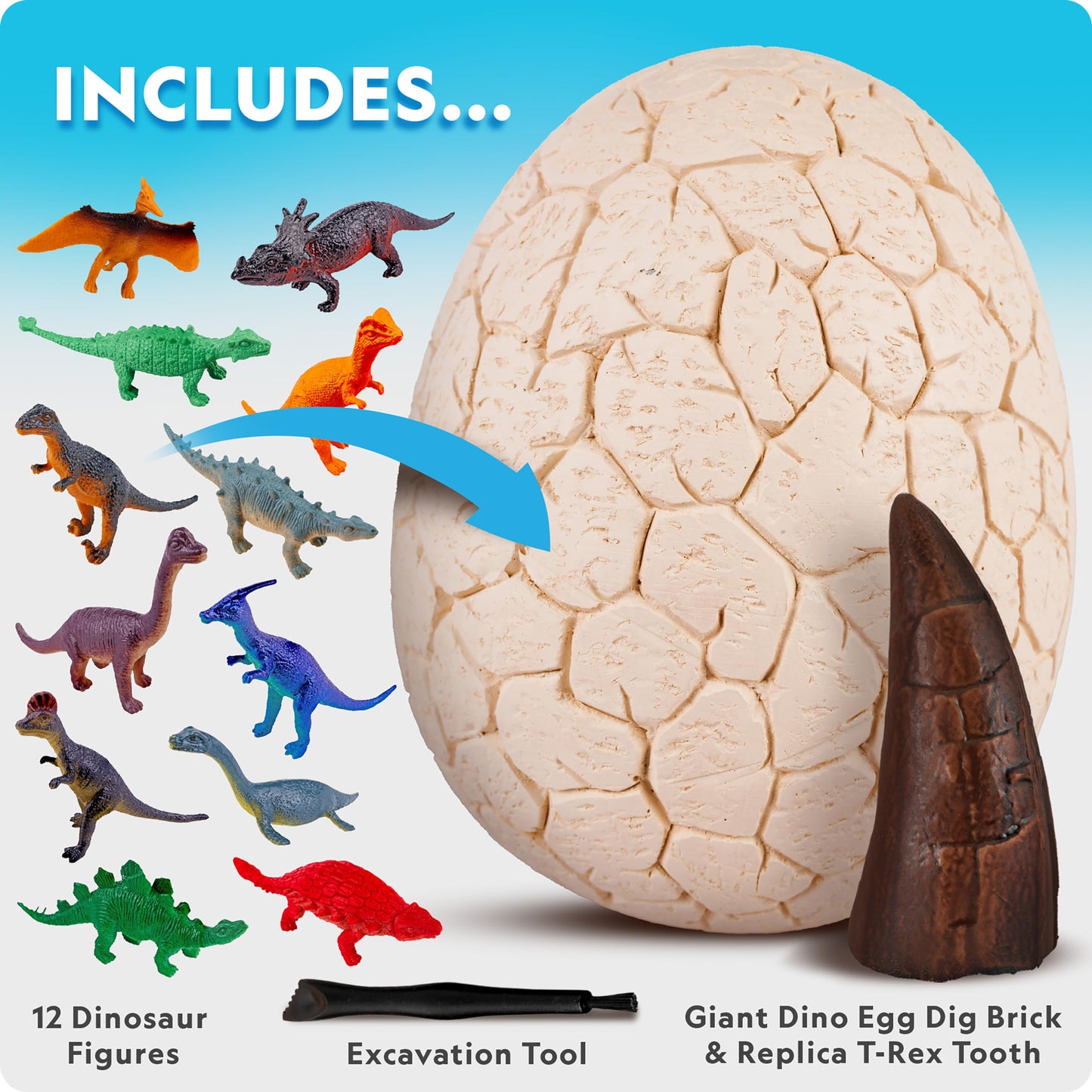 National Geographic Dino Egg Dig Kit – Excavate 12 Dinosaur Figures & T. Rex Tooth from 6" Brick | Educational Science Kit for Kids