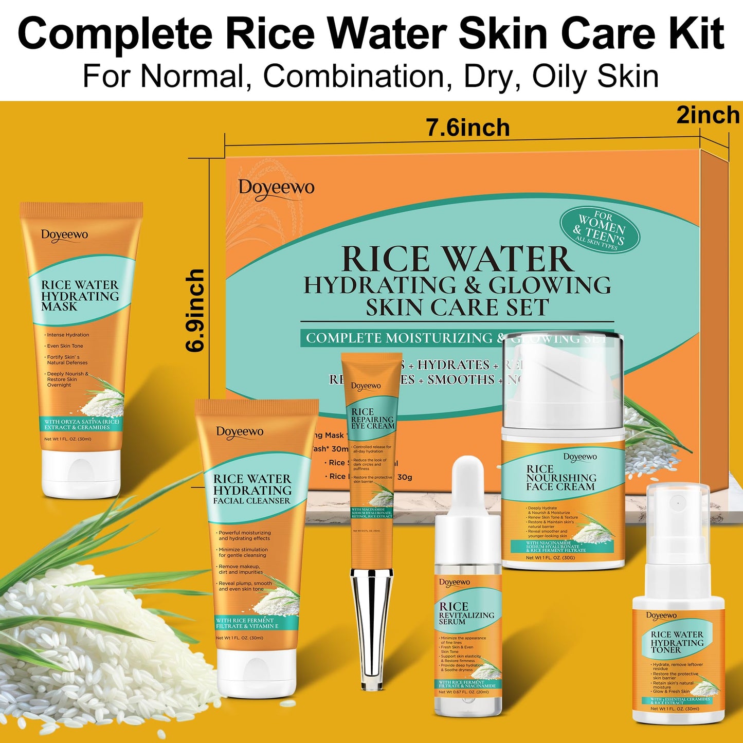6Pcs Korean Glass Skin Care Set for Women & Teens – Rice Extract Facial Kit to Hydrate, Glow & Repair – Anti-Aging Routine Gift for Mom, Wife, Girls