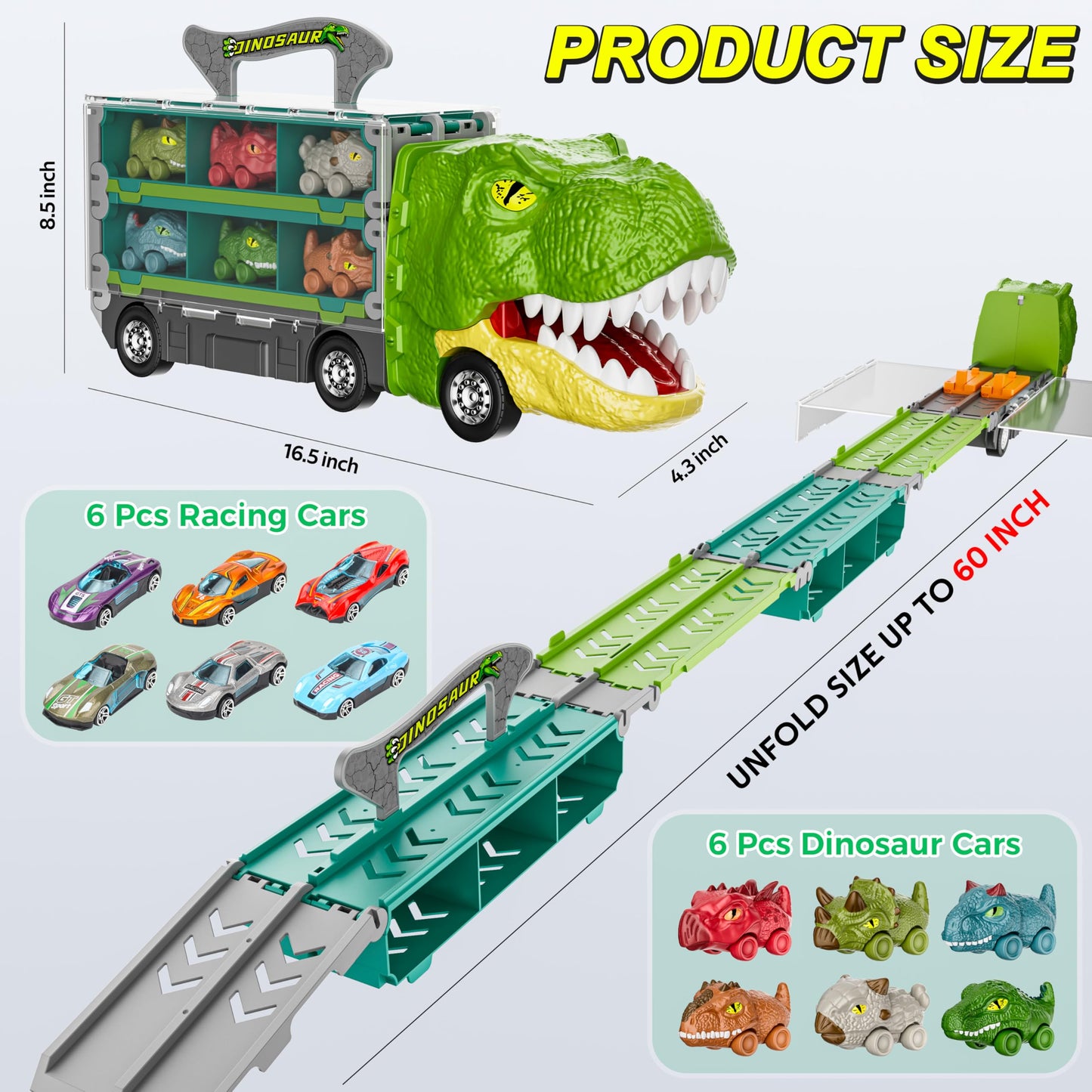 13-in-1 Dinosaur Car Toy Set for Kids, Foldable Track & Race Mode with 6 Dino Cars & 6 Race Cars, Toddler Boys 2-6, Birthday Gift