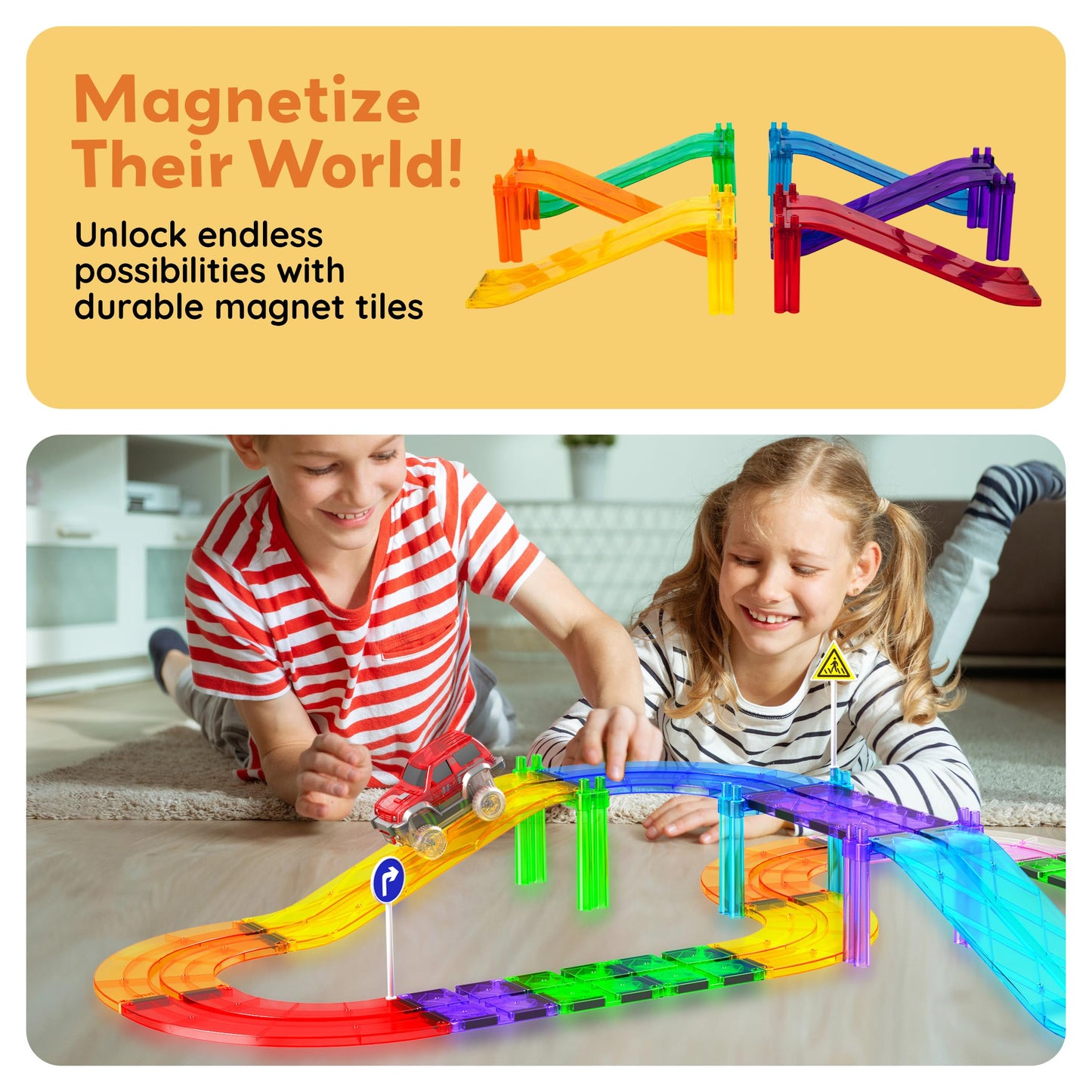 PicassoTiles 6-Piece Magnetic Tiles Race Track Accessories - STEM Building Blocks for Kids, Educational Construction & Creative Play PTR06