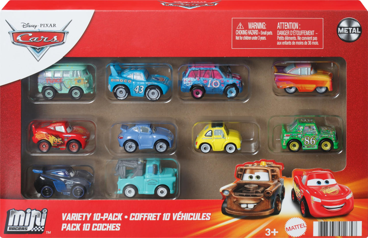 Mattel Disney Pixar Cars Mini Racers 10-Pack, Collectible Set with 10 Toy Vehicles, Fan-Favorite Characters (Amazon Exclusive)