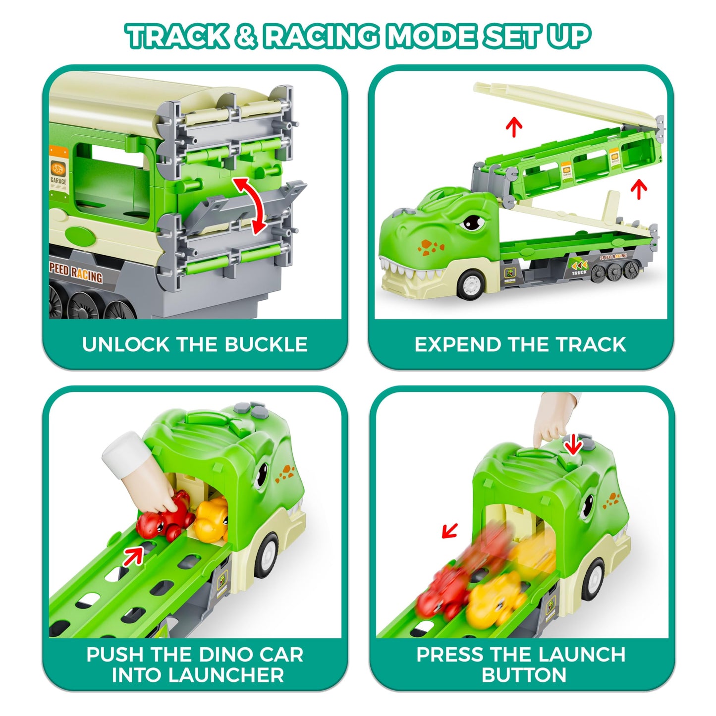 Funwee Dinosaur Truck Toy Set for Kids Ages 2-7 – Foldable Track, 2-Player Race, Lights & Sounds, 6 Dino Cars + 12 Accessories, Birthday Gift