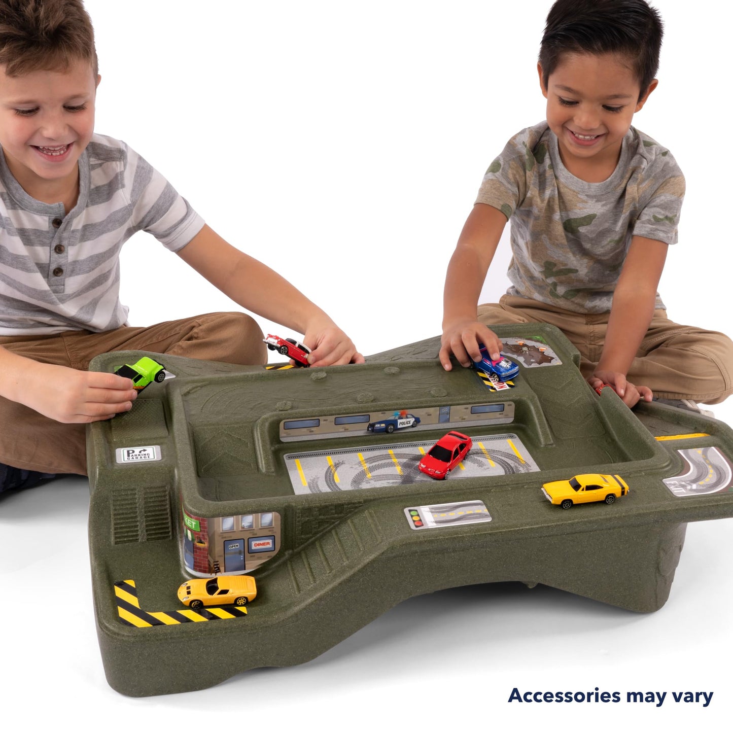 Simplay3 Monster City Extreme Wheels Car Race Track Table - 2 Sided Portable Kids Play Table with 2 Race Trucks - Red or Green - Made in USA