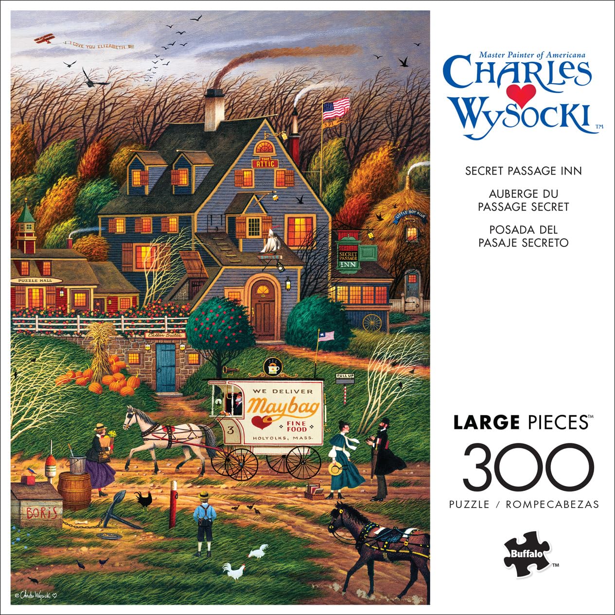 Buffalo Games Charles Wysocki Secret Passage Inn – 300-Piece Jigsaw Puzzle for Adults, Challenging Game Night Puzzle, 21.25"x15" Finished Size