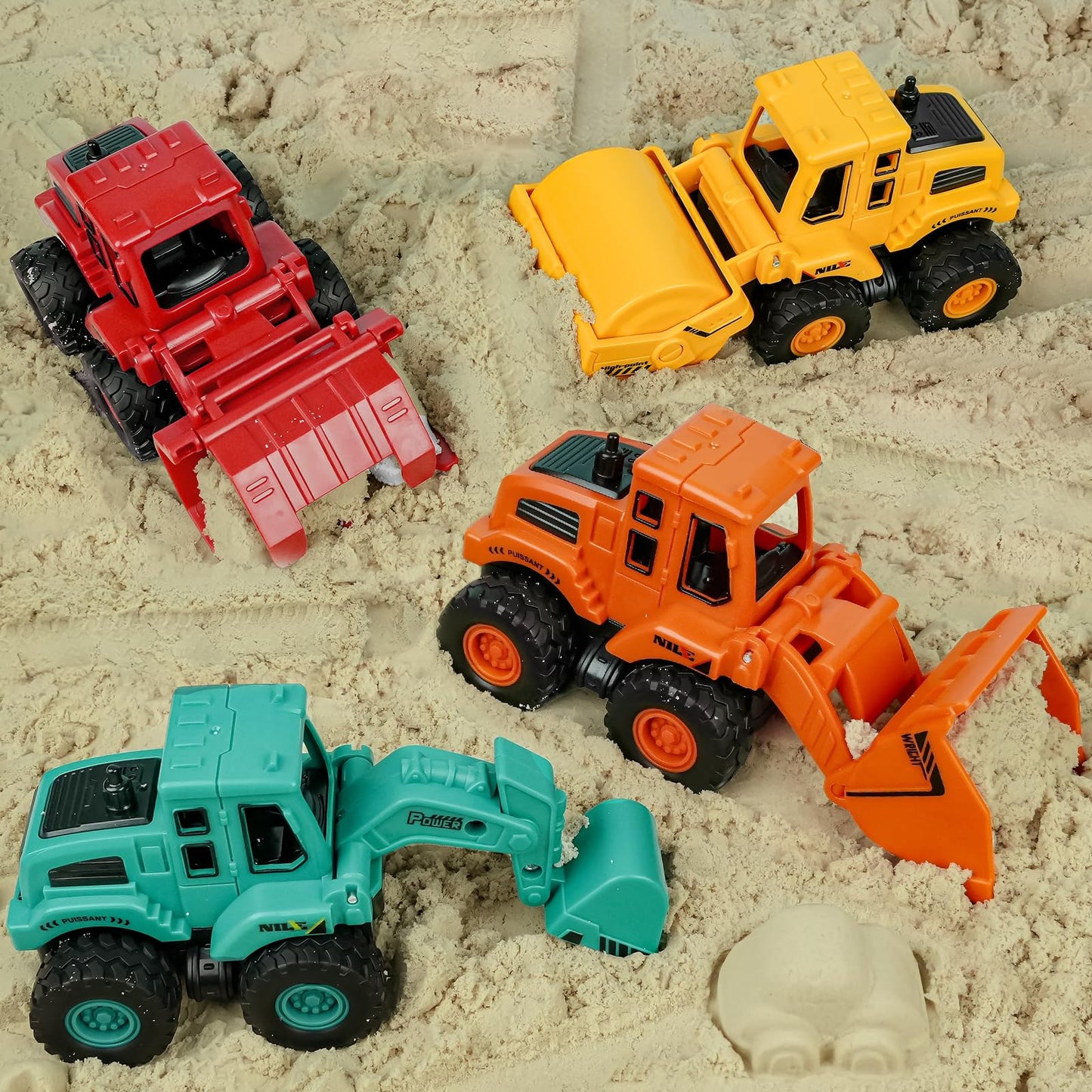 Beestech Friction Powered Construction Truck Toys for Kids Ages 3+, 4-Pack Sand Vehicles Set with Excavator, Bulldozer & Road Roller