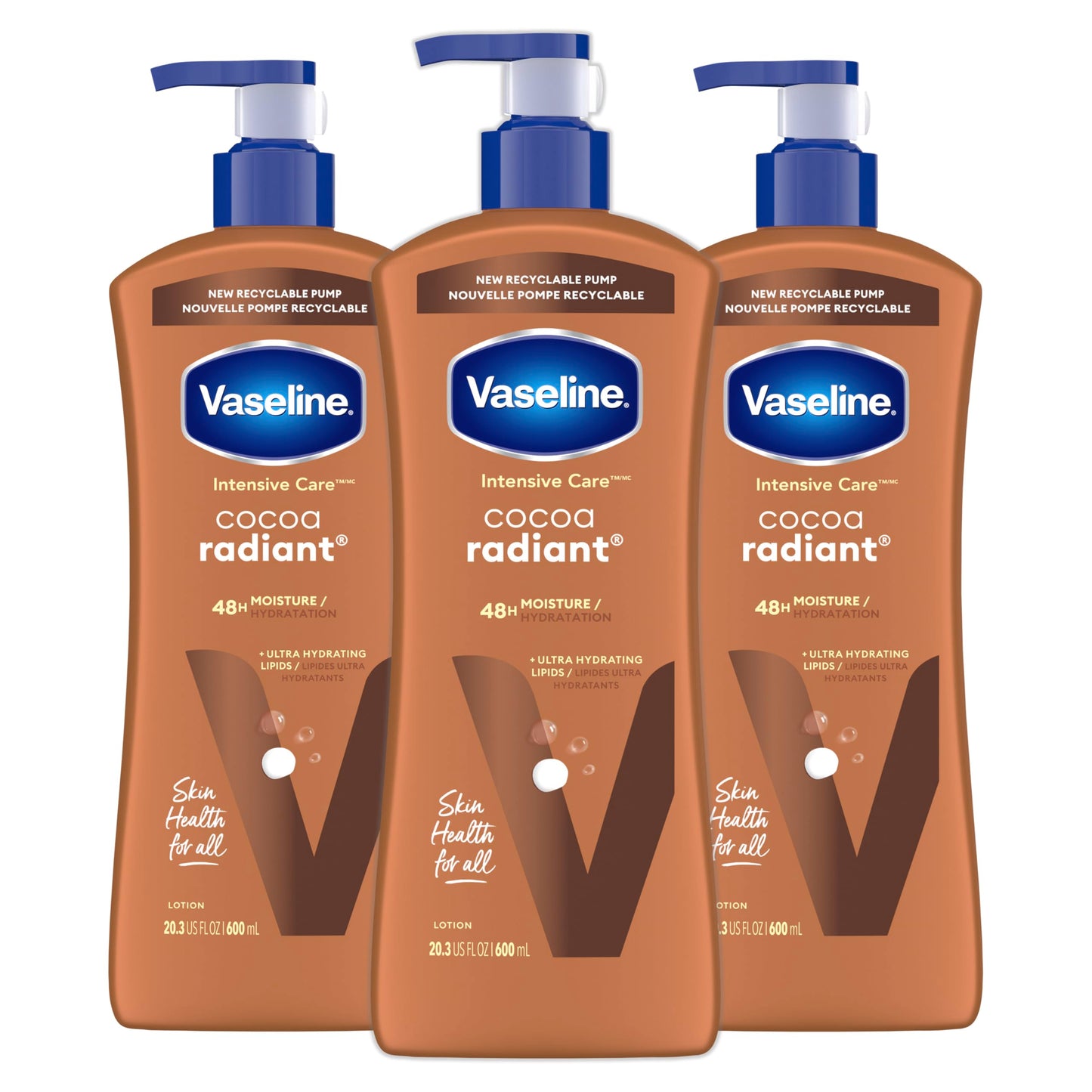 Vaseline Intensive Care Cocoa Radiant Body Lotion 3-Pack, 20.3 oz Each, Ultra-Hydrating with Cocoa Butter for Dry Skin & Radiant Glow