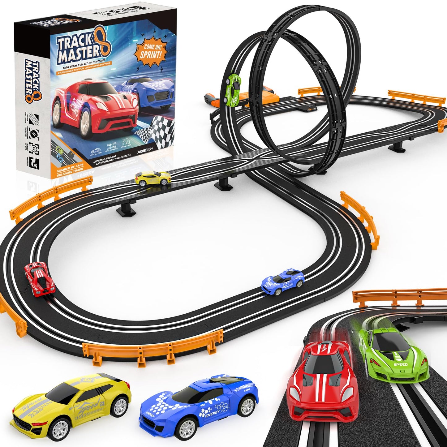 High-Speed Slot Car Race Track Set for Kids – 4 Cars, Dual Controllers, Battery/Electric Circular Overpass Track, Toys & Gifts for Boys & Girls