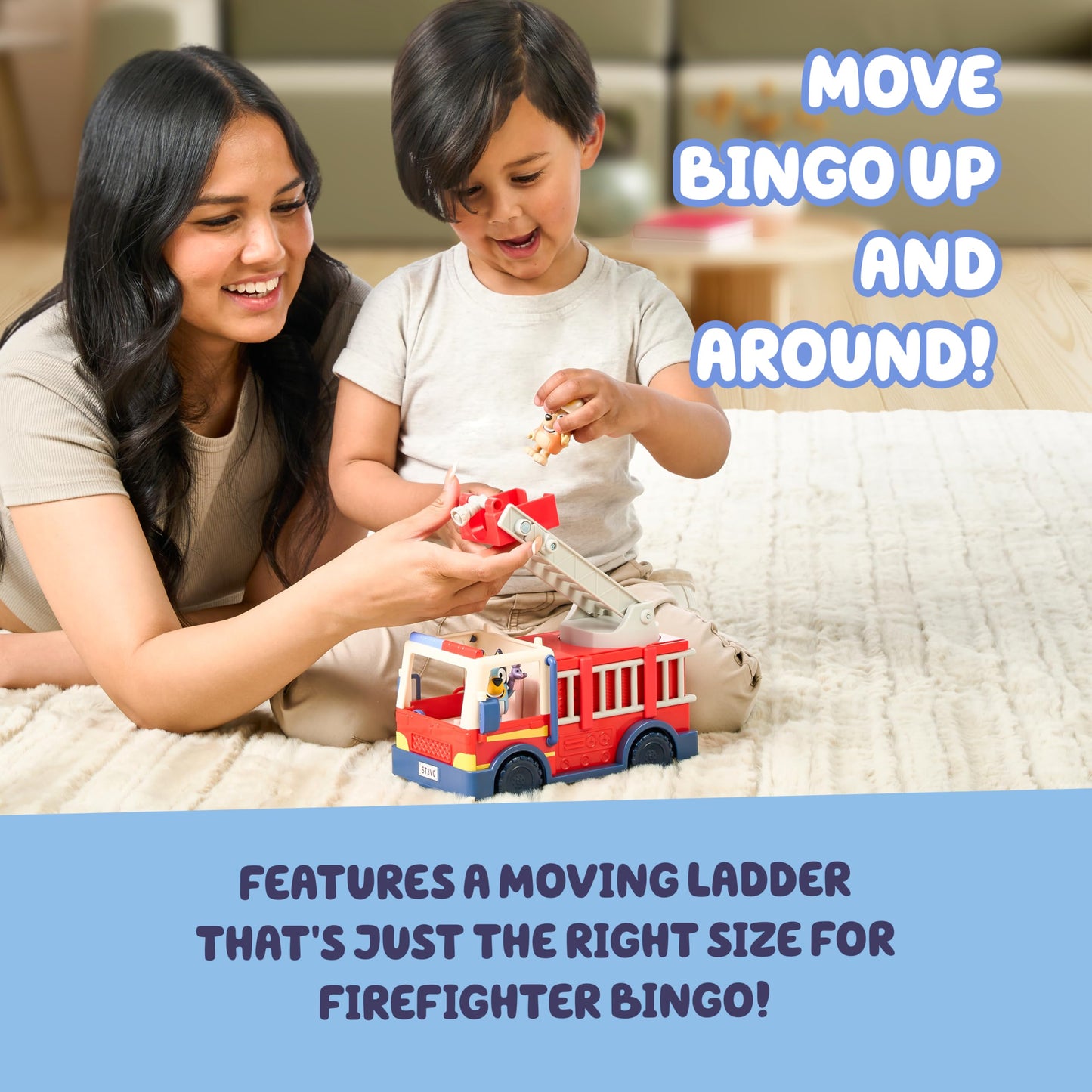 Bluey Firetruck Toy with Firefighter Bingo, Bob Bilby Figures | Extendable Ladder & Hose | Includes Stickers - Perfect for Kids Ages 3+