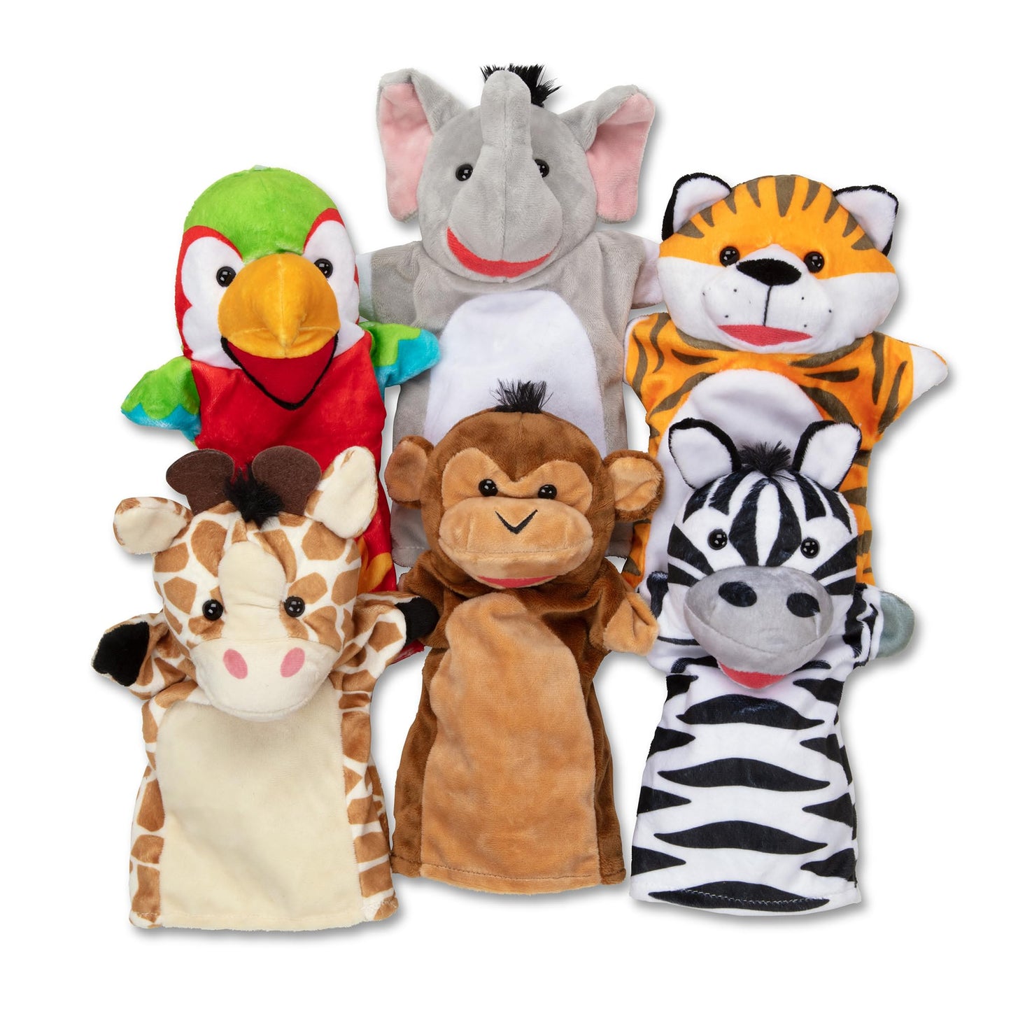 Melissa & Doug Safari Buddies Plush Hand Puppets Set of 6 – Elephant, Tiger, Parrot, Giraffe, Monkey & Zebra for Kids Ages 2+