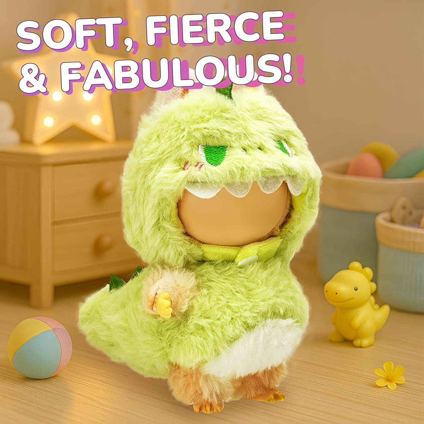 Jrelecs Dinosaur Doll Outfit for 17cm/6.7" Labubu Dolls – 2-Piece Hat & Clothing Set, Cute Stylish Clothes Accessories (Doll Not Included)