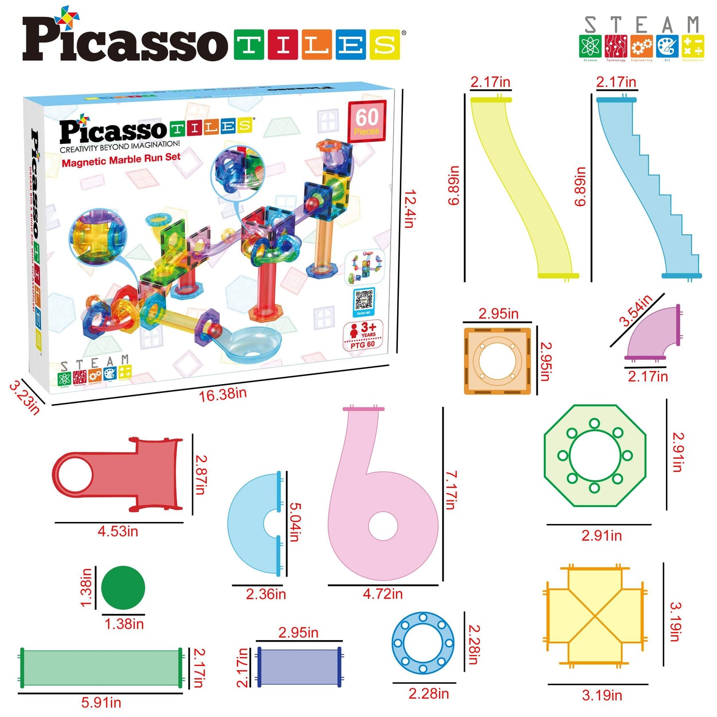 PicassoTiles Marble Run 60-Piece Magnetic Building Blocks Set – STEM Educational Construction Toy for Kids, Brain & Hand-Eye Skill Development