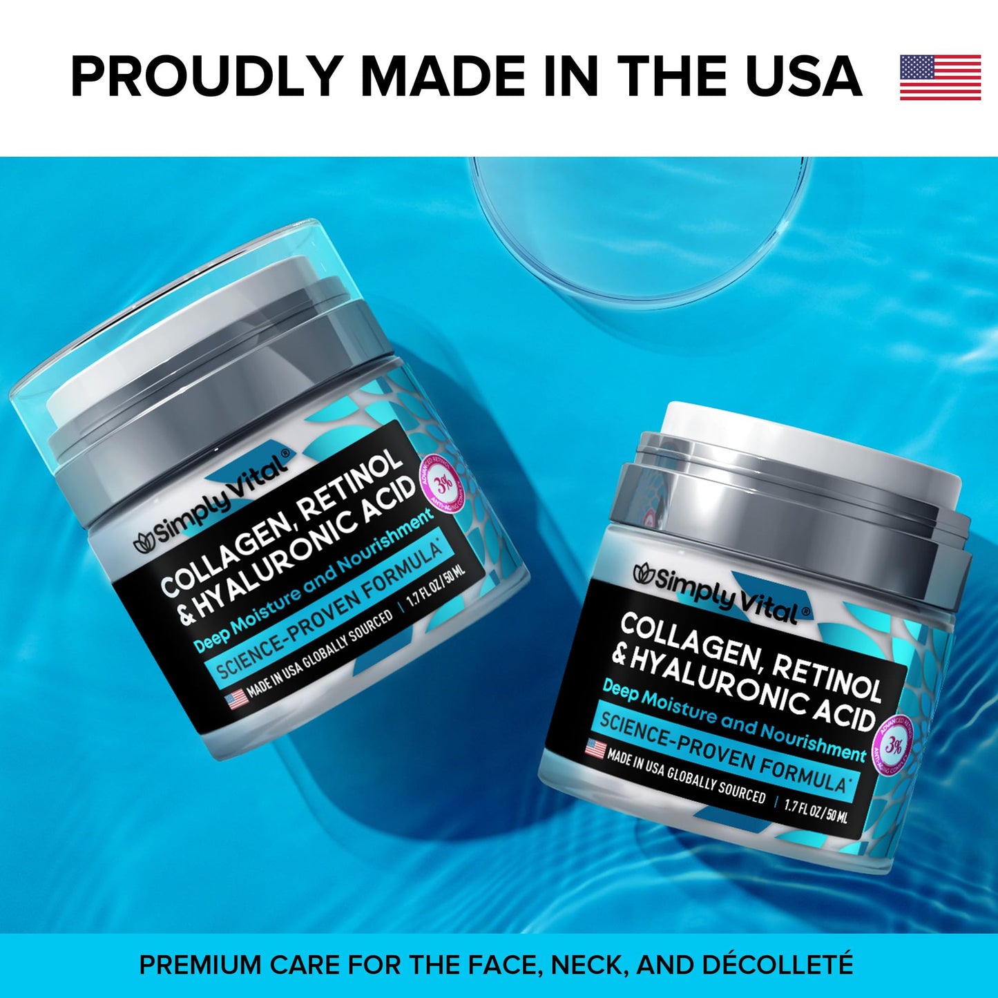 SimplyVital Collagen Retinol & Hyaluronic Acid Cream - Anti-Aging Face, Neck & Décolleté Moisturizer, Day & Night, 1.7 fl oz