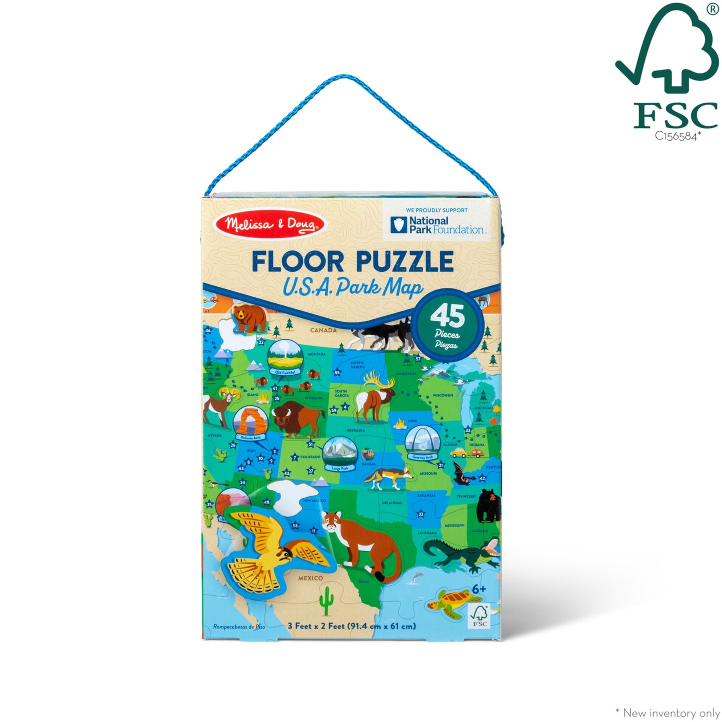 Melissa & Doug National Parks USA Map Floor Puzzle – 45 Jumbo Animal-Shaped Pieces with Search & Find Activities, Park & Animal ID Guide