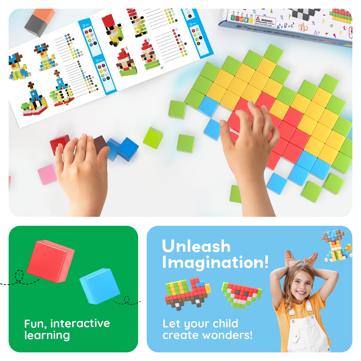 PicassoTiles 108-Piece 1” Magnetic Puzzle Cubes Set – STEM Building Blocks, Early Learning Sensory Toy with Idea Book for Kids 3+