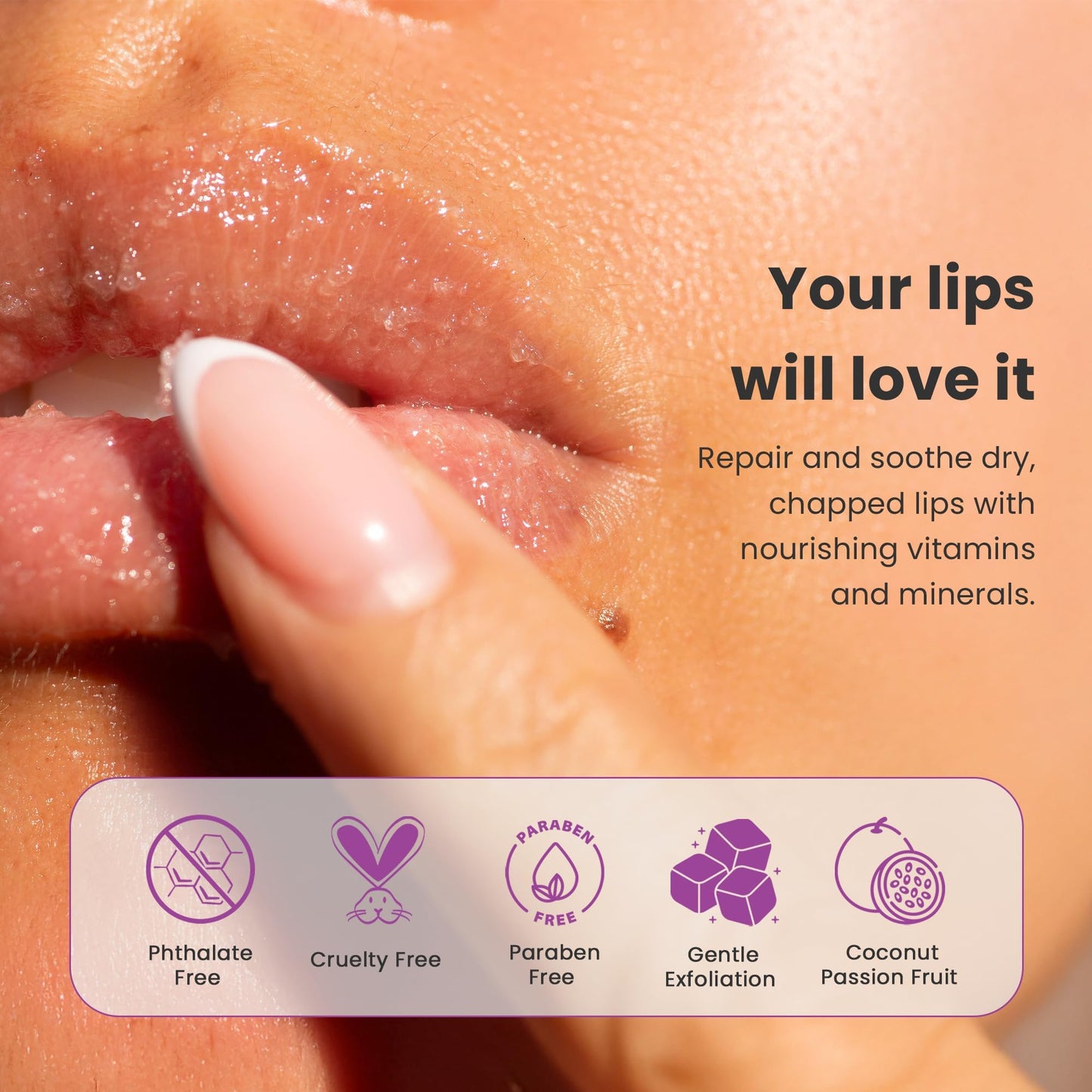 Dermasuri Lip Scrub & Moisturizer, Sugar Exfoliator for Soft, Smooth Lips, Hydrates & Brightens, Coconut Passion Fruit, 0.7oz